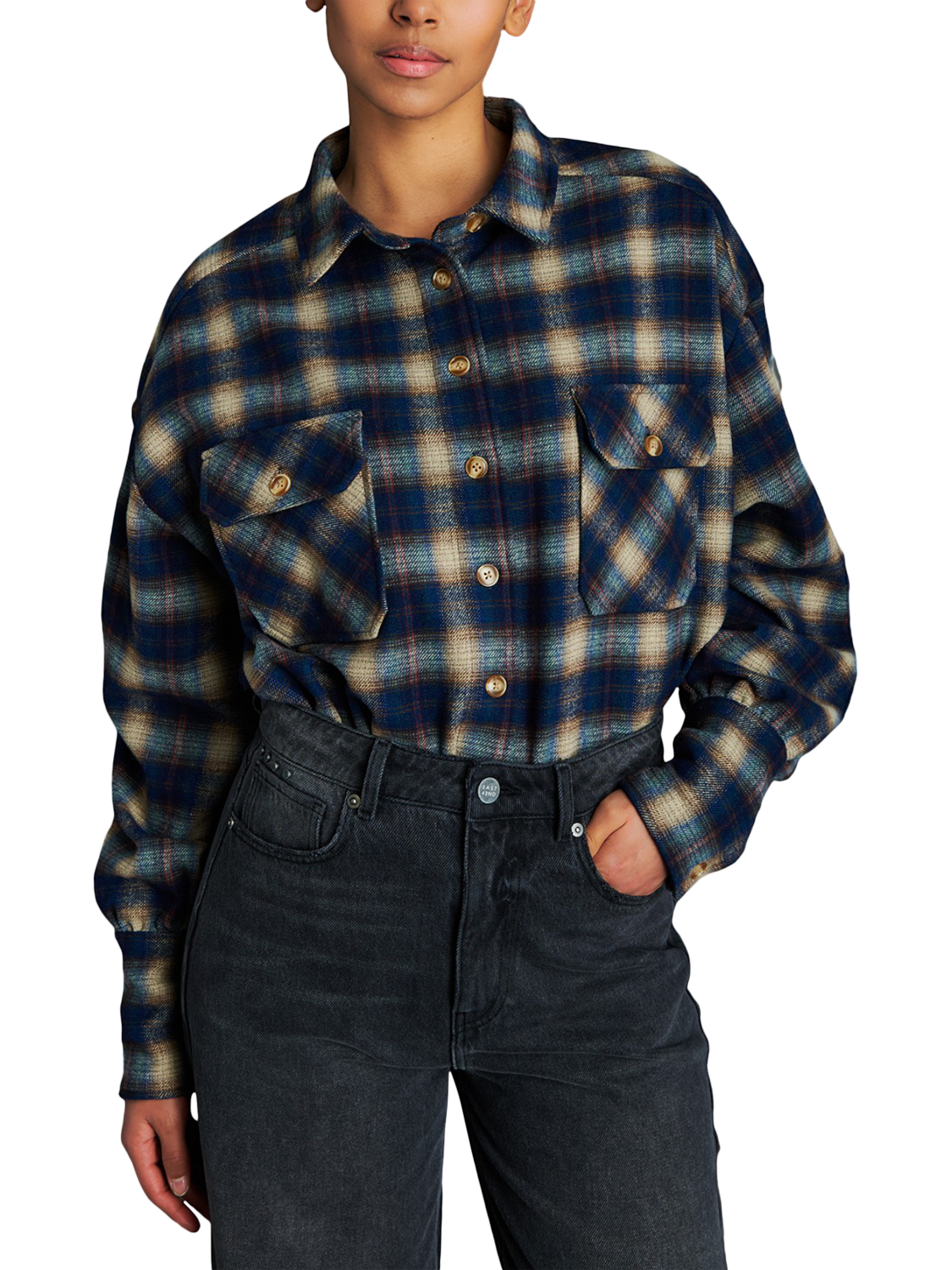 Product image 1 of 7, which shows EAST 42ND Check Print Shirt, Navy Check, M