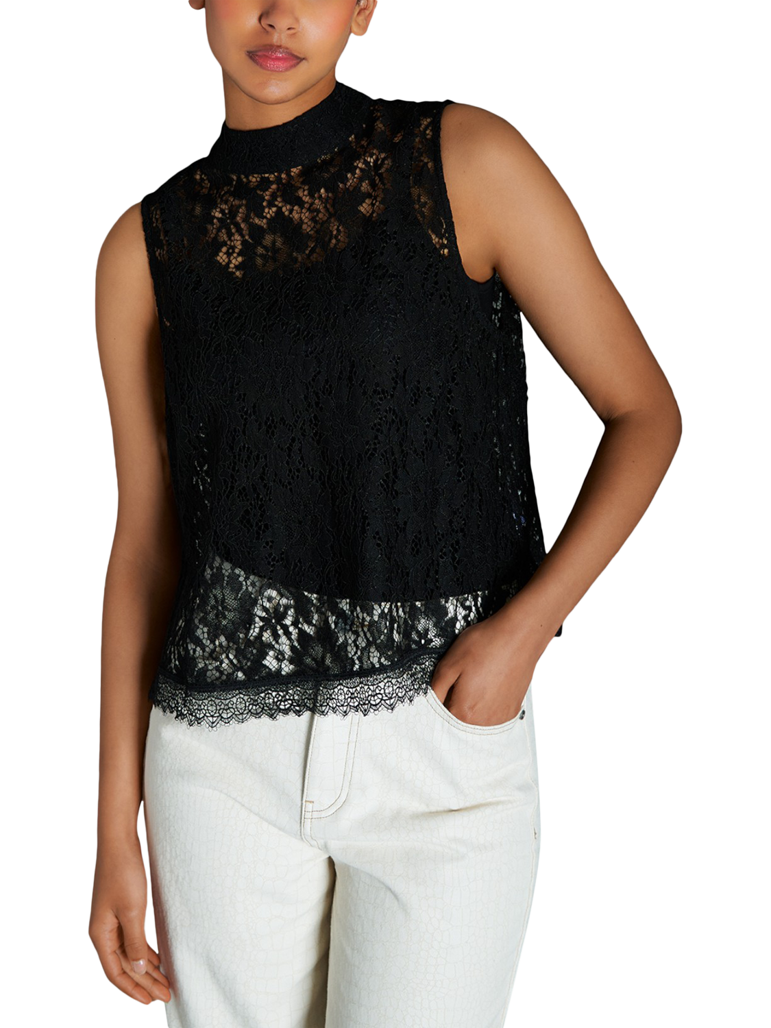 Product image 1 of 6, which shows EAST 42ND Lace Sleeve Top, Jet Black, XS