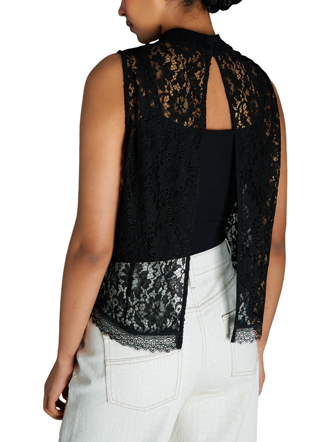 Product image 3 of 6, which shows EAST 42ND Lace Sleeve Top, Jet Black, XS