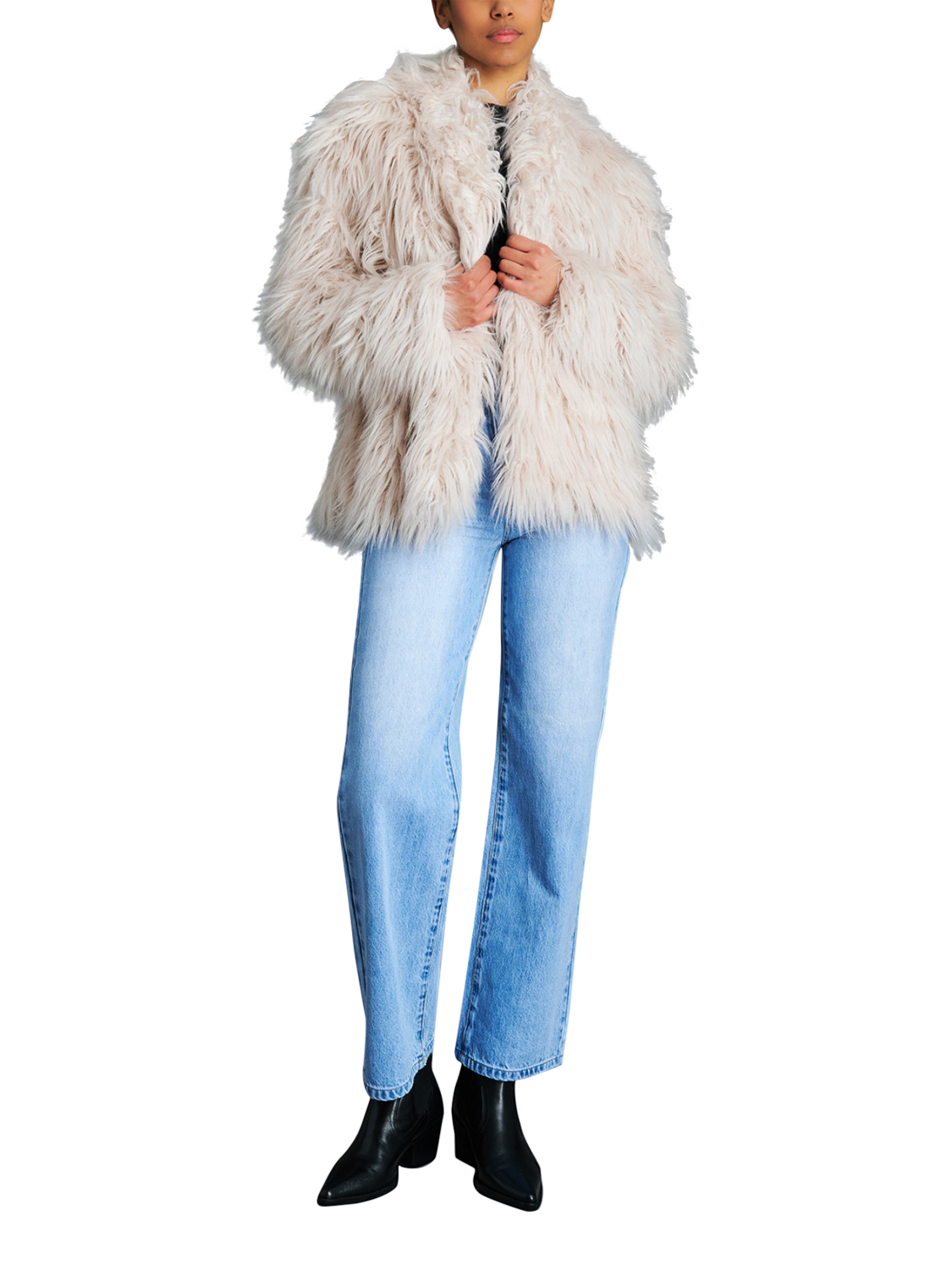 Product image 1 of 7, which shows EAST 42ND Faux Fur Open Neck Jacket, Ivory, M