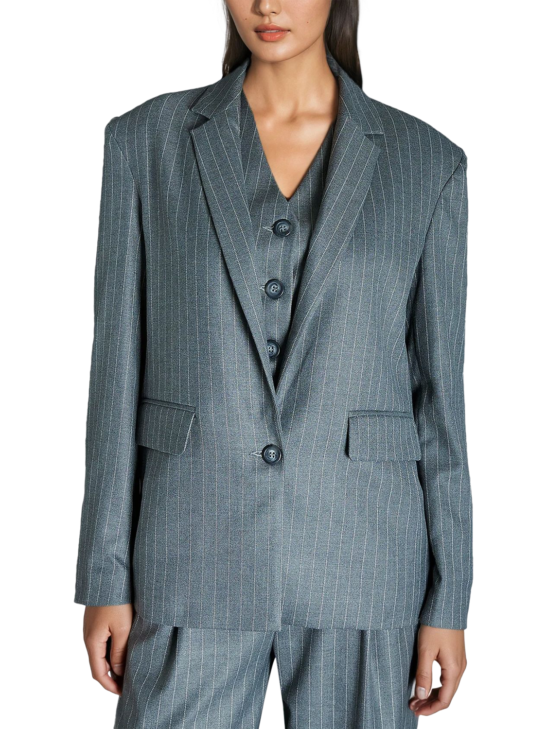 Product image 1 of 7, which shows EAST 42ND Tailored Pinstripe Blazer, Grey Pinstripe, 12