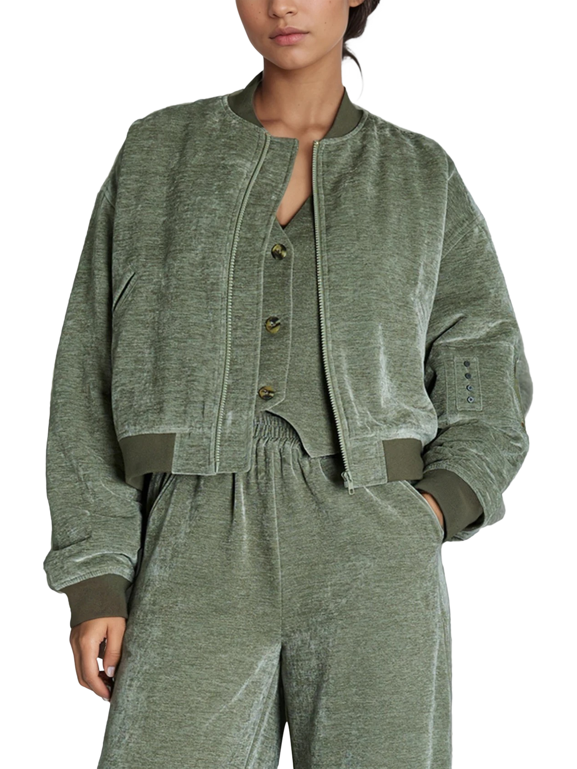 Product image 1 of 7, which shows EAST 42nd Velvet Bomber Jacket, Sage, M