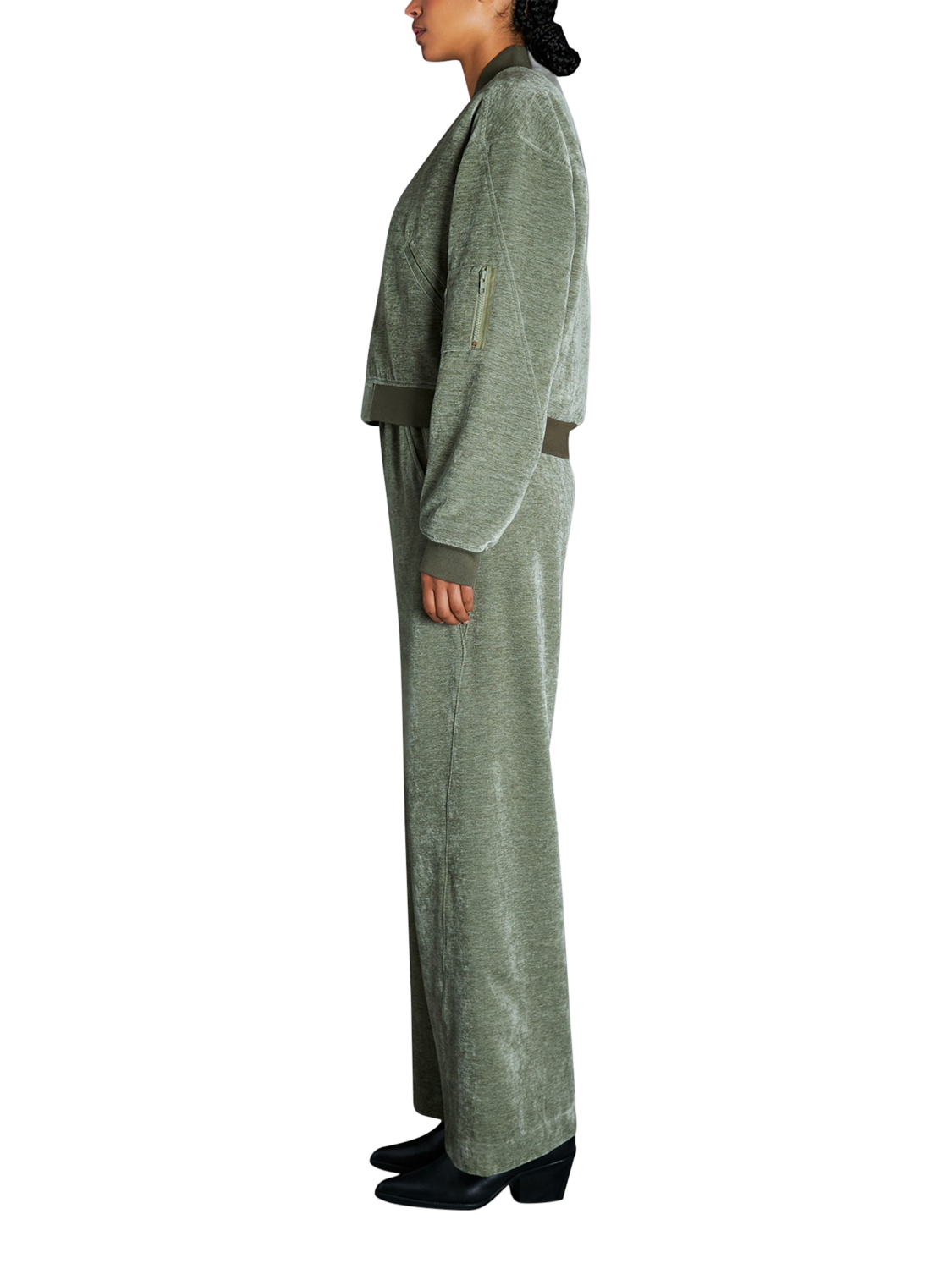 Product image 2 of 7, which shows EAST 42nd Velvet Bomber Jacket, Sage, M