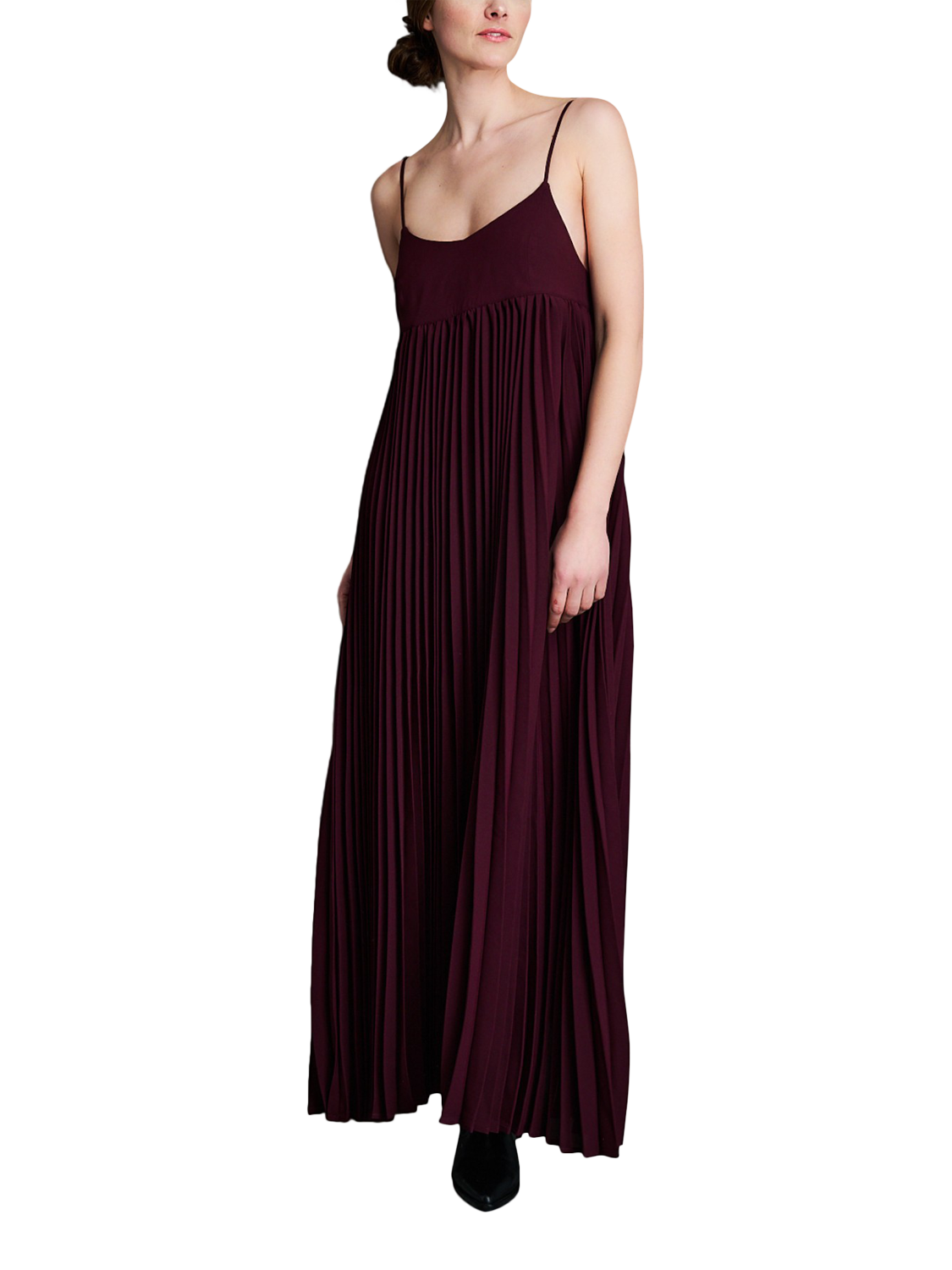 Product image 1 of 7, which shows EAST 42ND Strappy Pleated Maxi Dress, Fig, XS