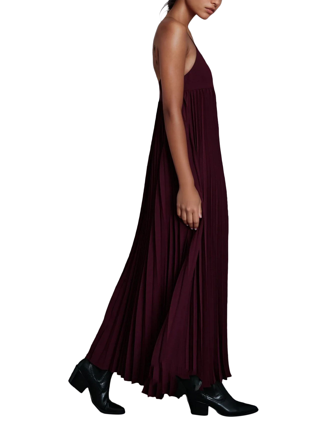 Product image 5 of 7, which shows EAST 42ND Strappy Pleated Maxi Dress, Fig, XS