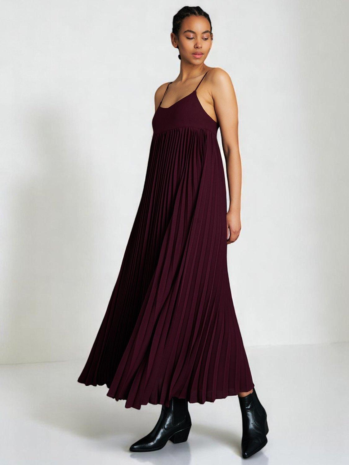 Product image 7 of 7, which shows EAST 42ND Strappy Pleated Maxi Dress, Fig, XS