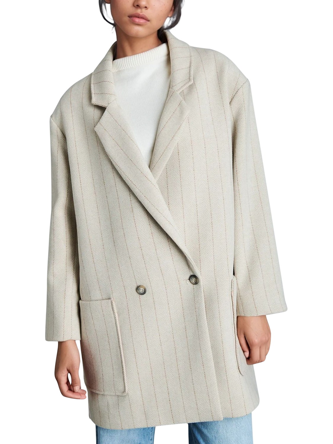 Product image 1 of 7, which shows EAST 42ND Herringbone Pure Wool Coat, Herringbone Ivory, M