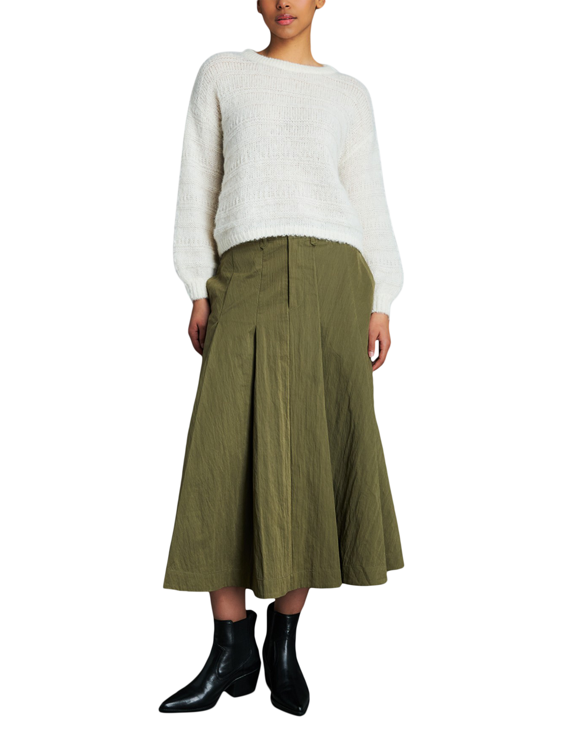 Product image 1 of 6, which shows EAST 42ND Box Pleated Belt Loop Midi Skirt, Khaki, M