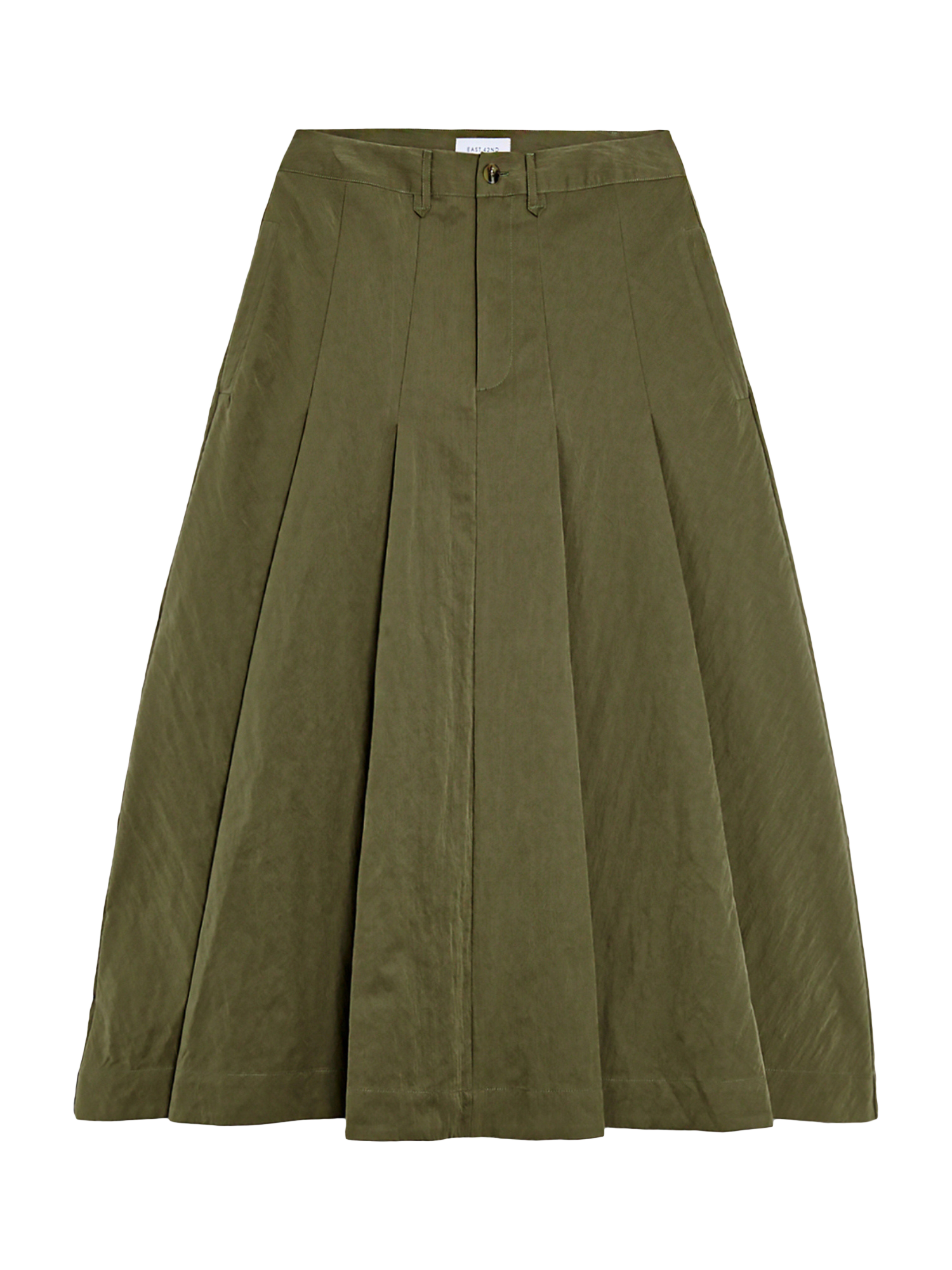 Product image 2 of 6, which shows EAST 42ND Box Pleated Belt Loop Midi Skirt, Khaki, M