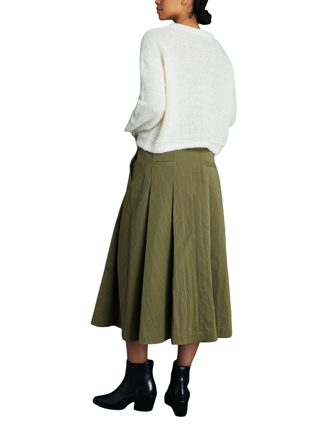 Product image 3 of 6, which shows EAST 42ND Box Pleated Belt Loop Midi Skirt, Khaki, M