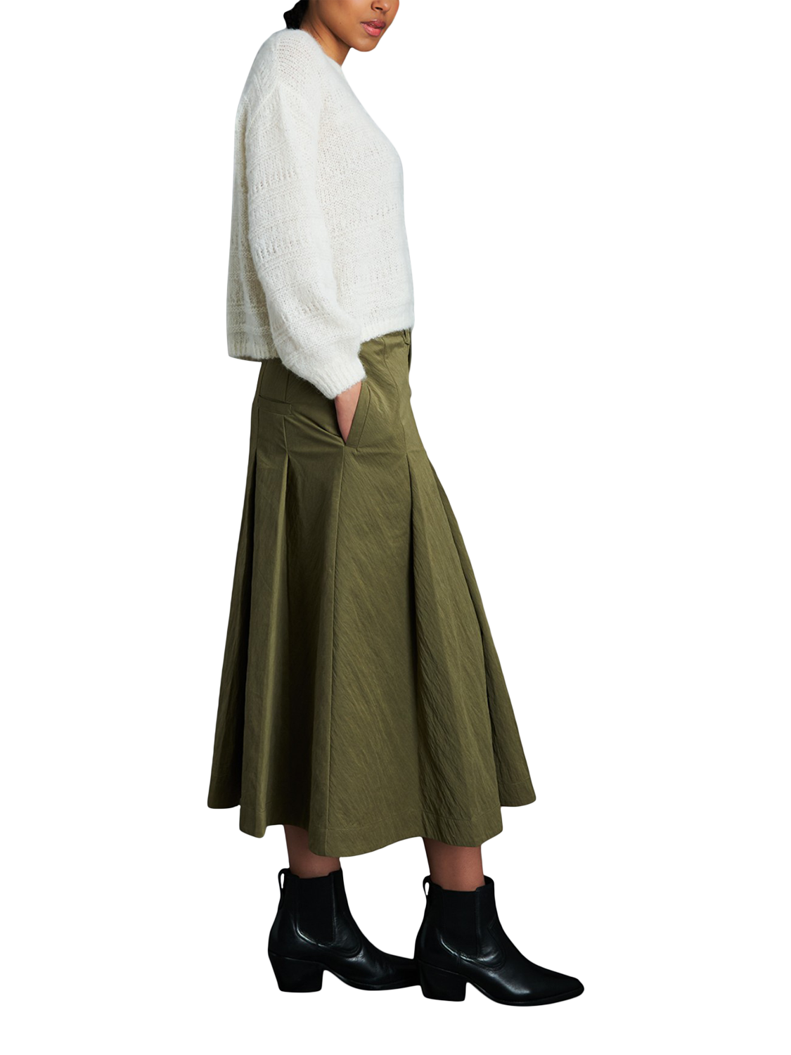 Product image 4 of 6, which shows EAST 42ND Box Pleated Belt Loop Midi Skirt, Khaki, M