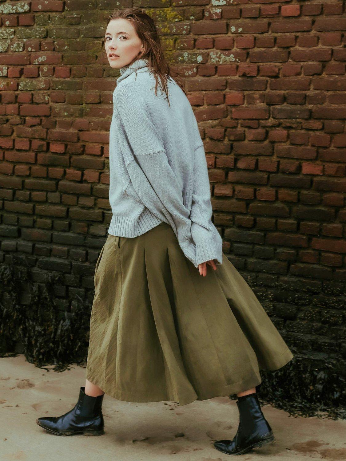 Product image 5 of 6, which shows EAST 42ND Box Pleated Belt Loop Midi Skirt, Khaki, M