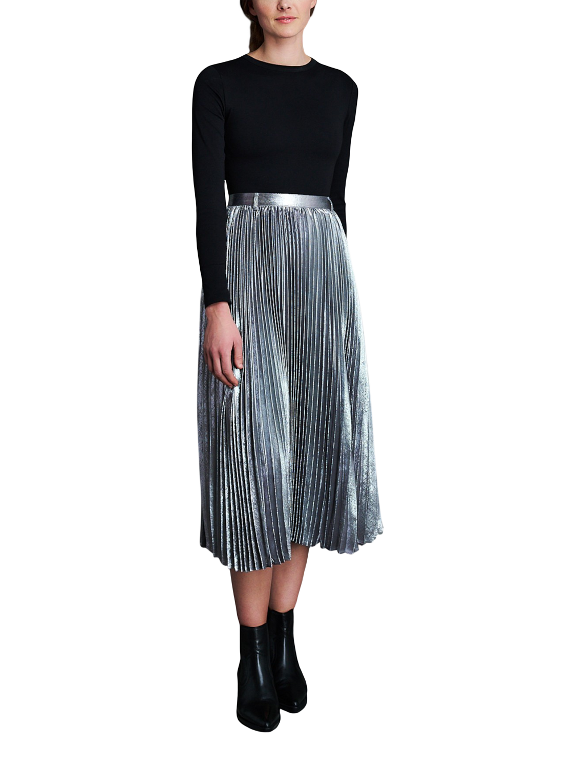 Product image 1 of 8, which shows EAST 42ND Pleated Midi Skirt, Silver, XS