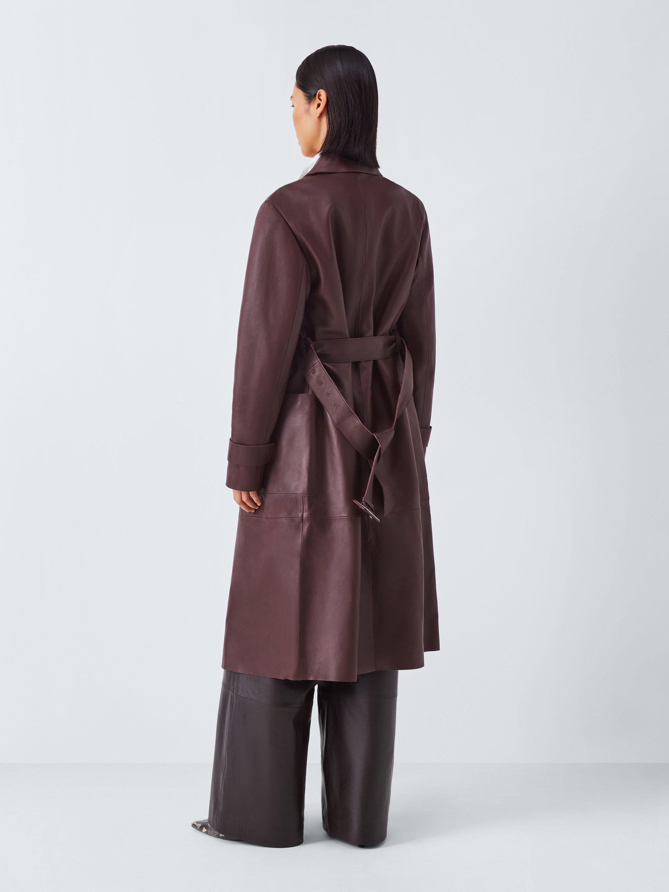 Product image 2 of 7, which shows John Lewis Longline Leather Trench Coat, Dark Red, 10