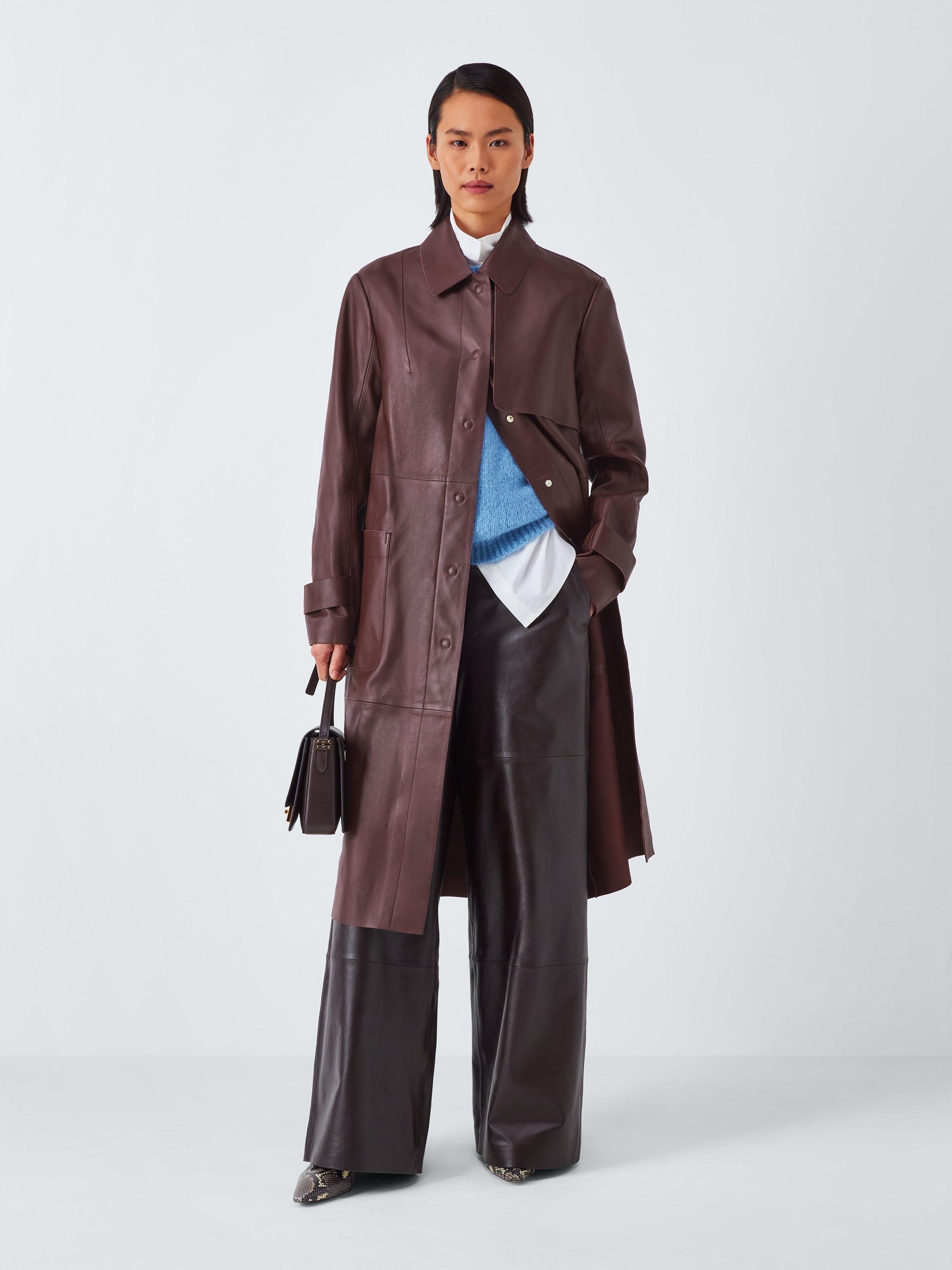 Product image 3 of 7, which shows John Lewis Longline Leather Trench Coat, Dark Red, 10