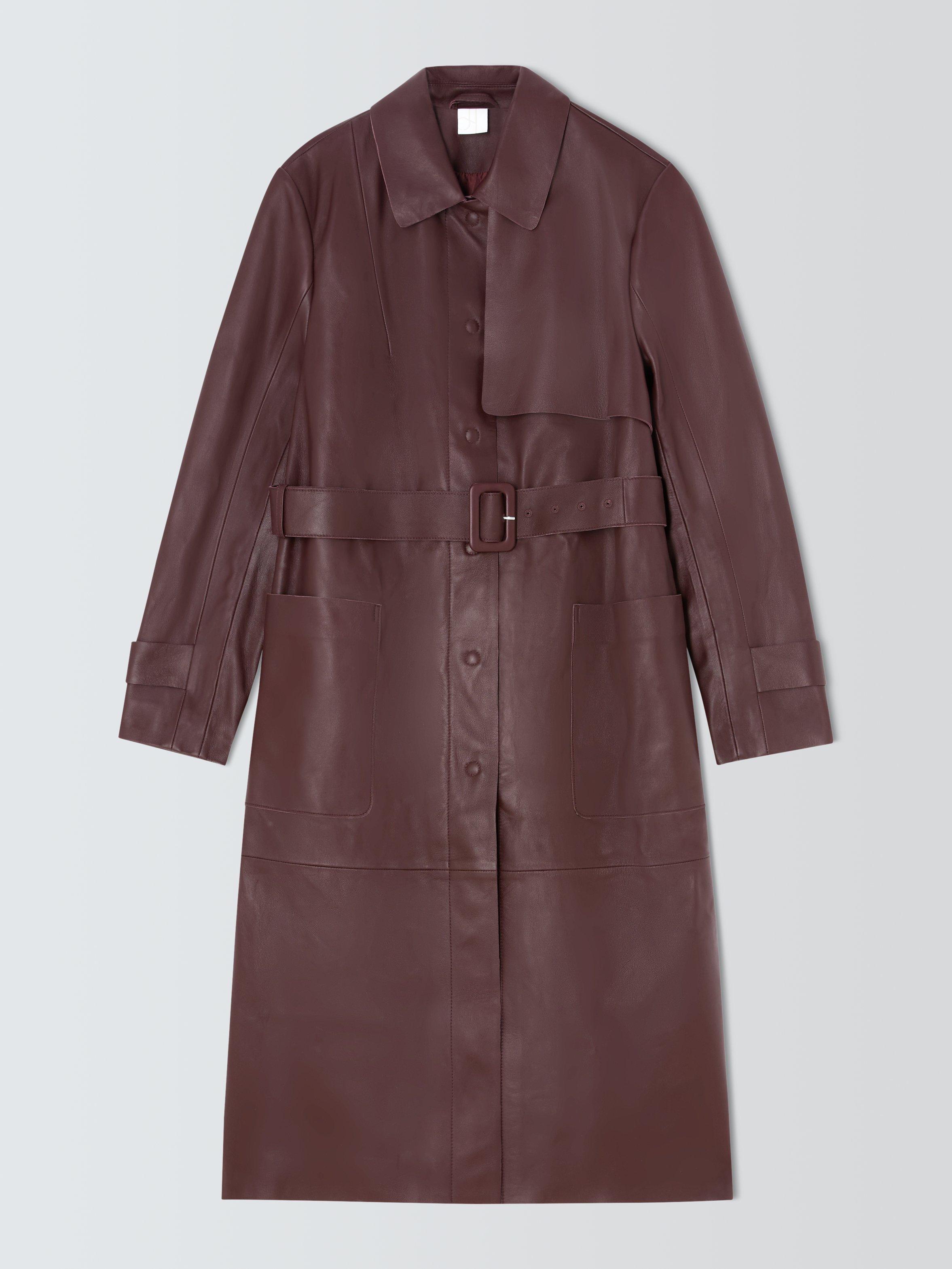 Product image 4 of 7, which shows John Lewis Longline Leather Trench Coat, Dark Red, 10