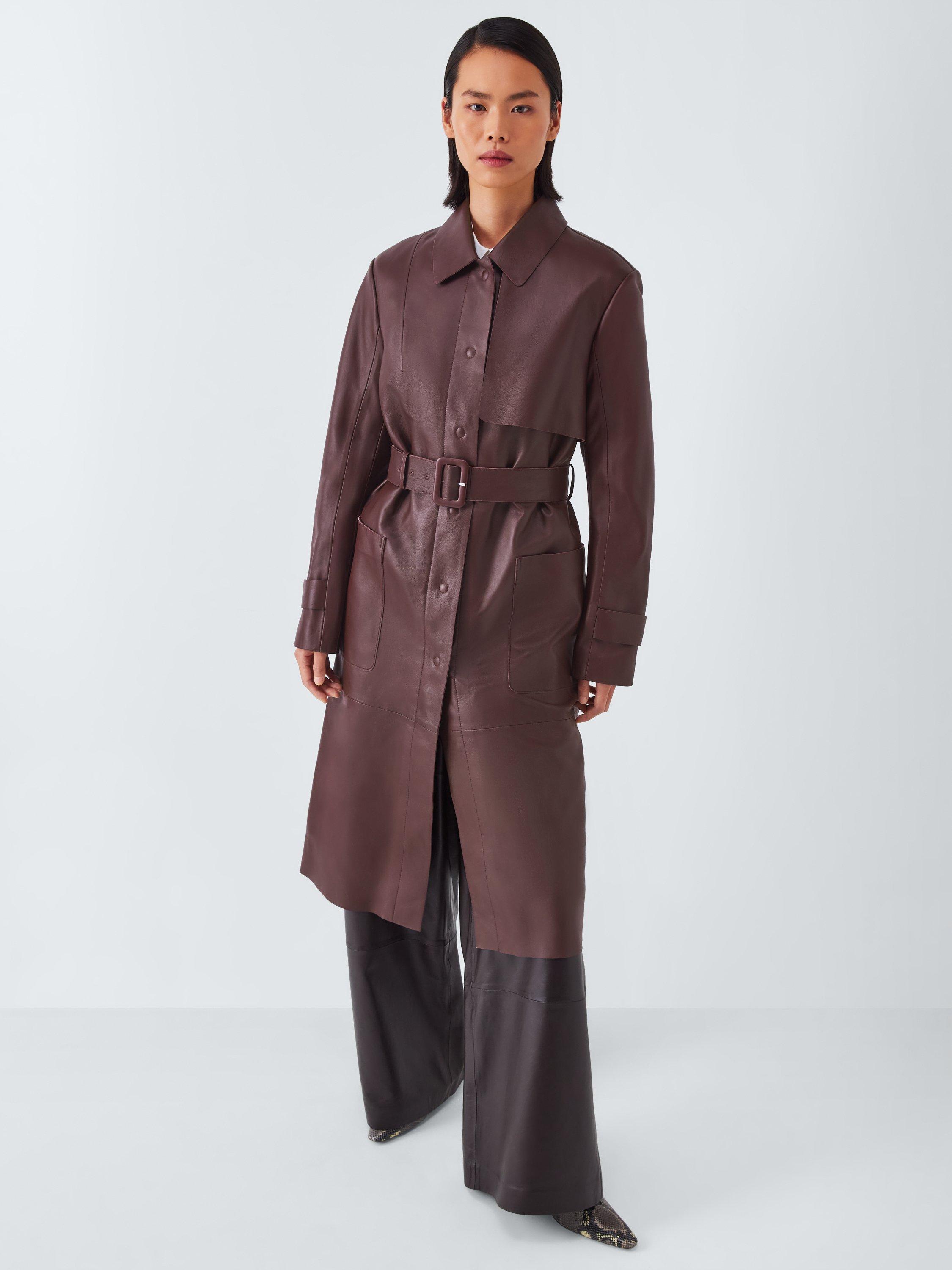 Product image 6 of 7, which shows John Lewis Longline Leather Trench Coat, Dark Red, 10