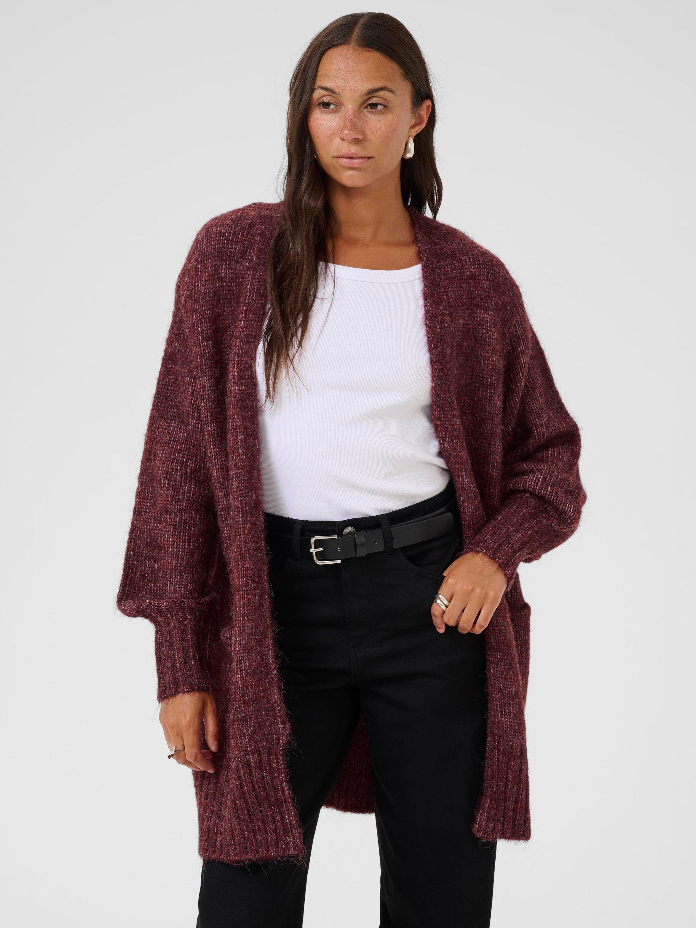 Product image 1 of 6, which shows KAFFE KAtrina Loose Fit Wool Blend Longline Cardigan, Mid Red, XS
