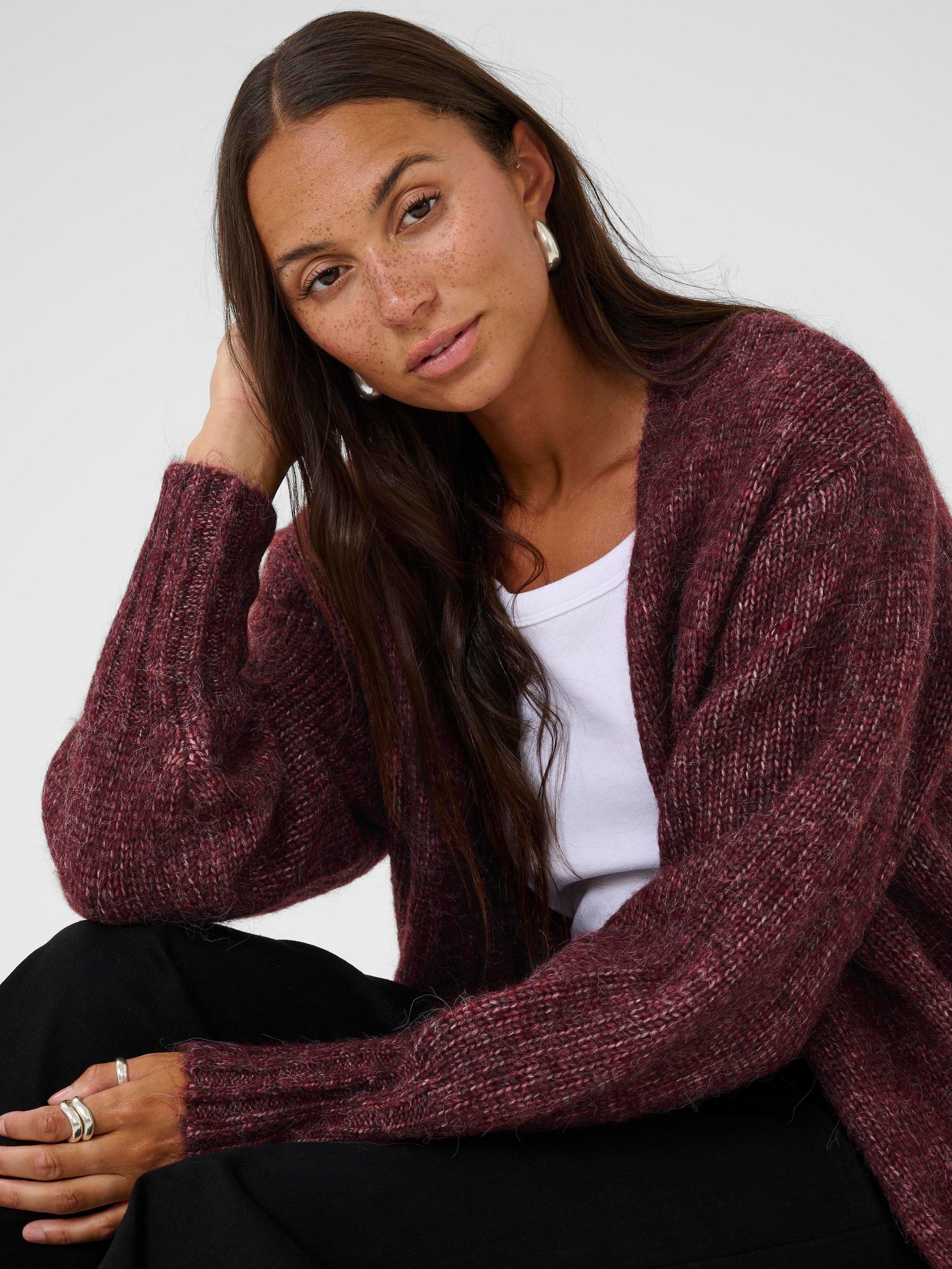 Product image 4 of 6, which shows KAFFE KAtrina Loose Fit Wool Blend Longline Cardigan, Mid Red, XS