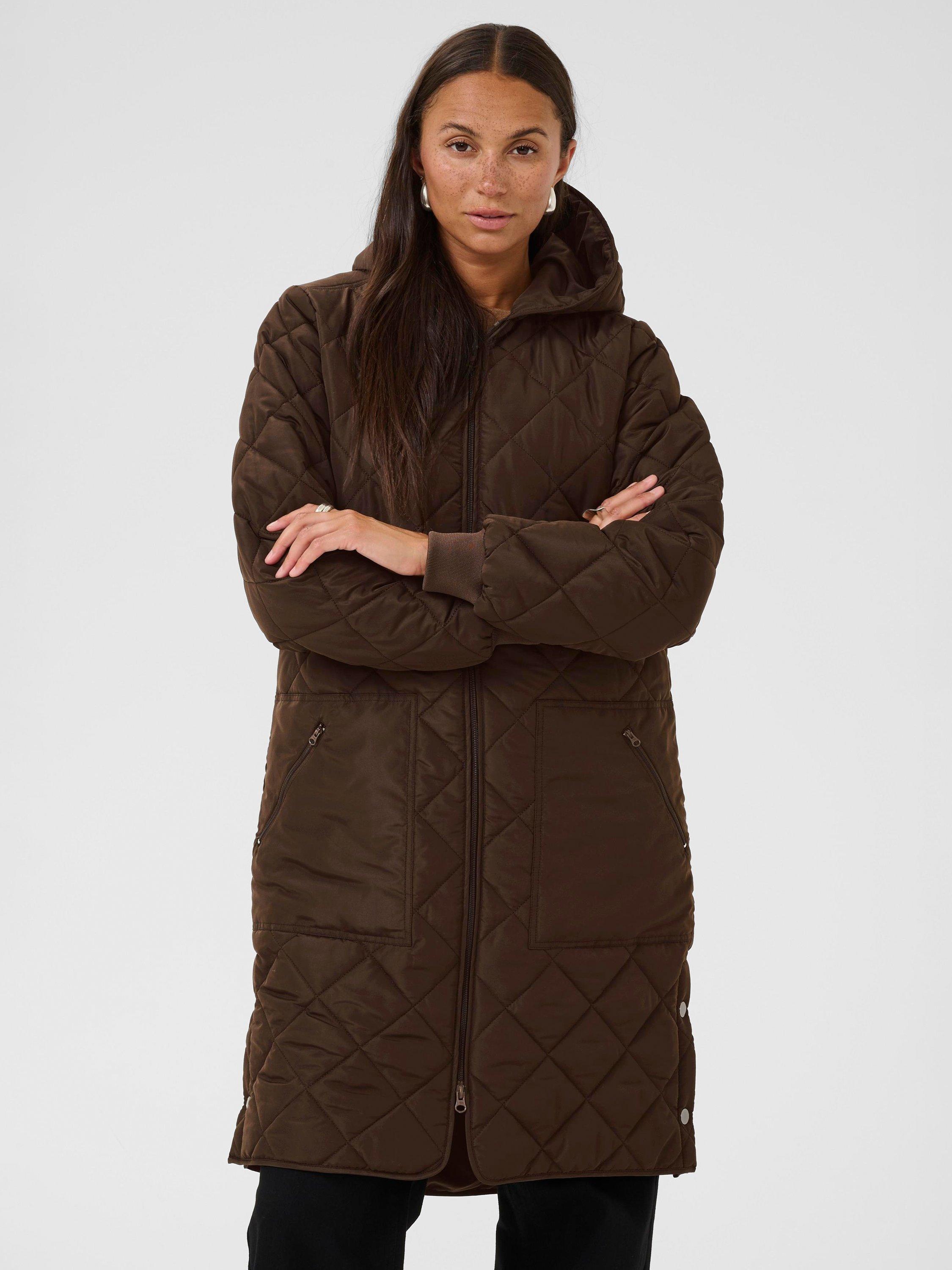 Product image 1 of 6, which shows KAFFE BPtilla Quilted Longline Coat, Chocolate Brown, XS