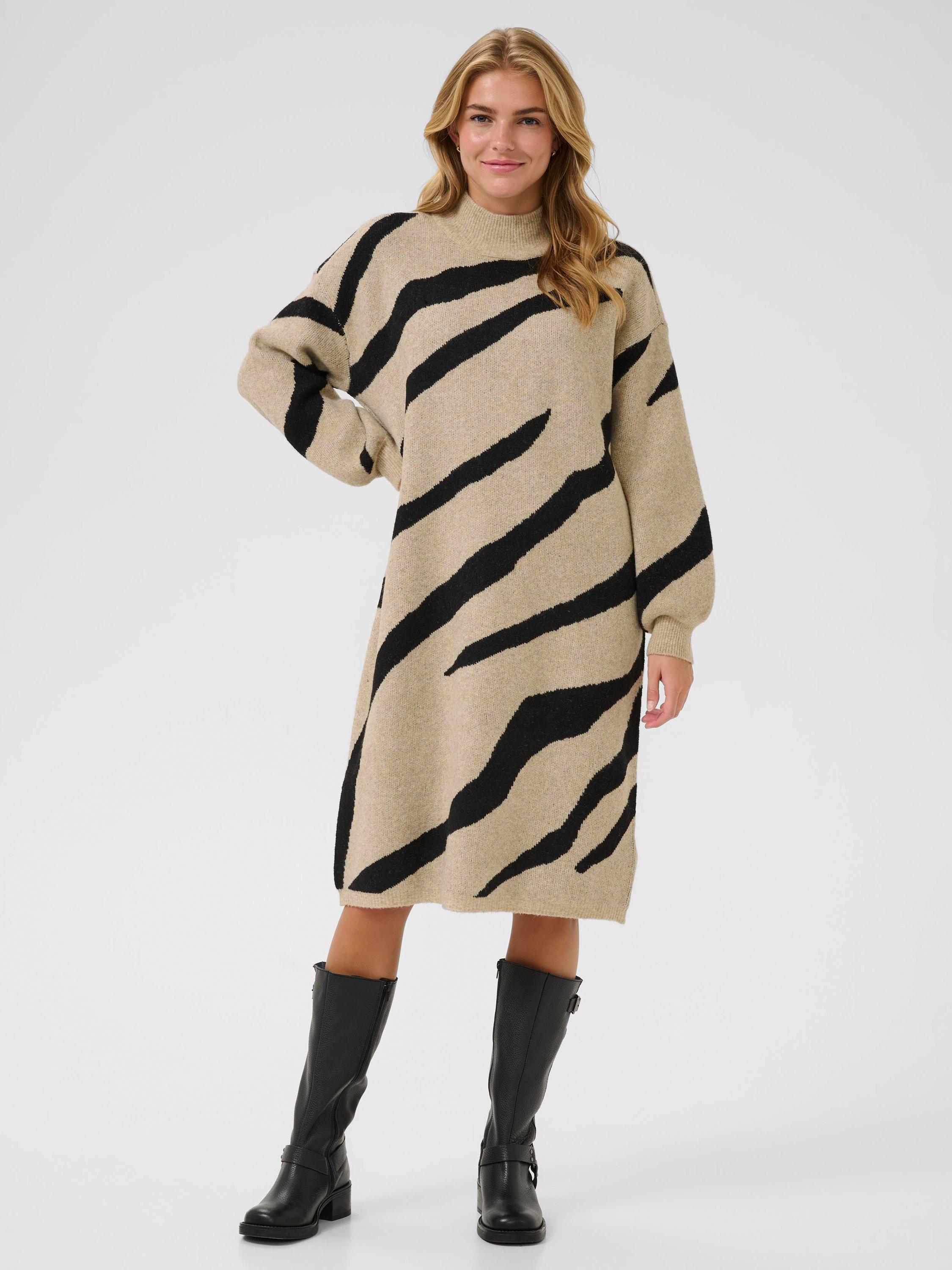 Product image 1 of 6, which shows KAFFE Wilma Stripe Jumper Dress, Black/Beige, XS