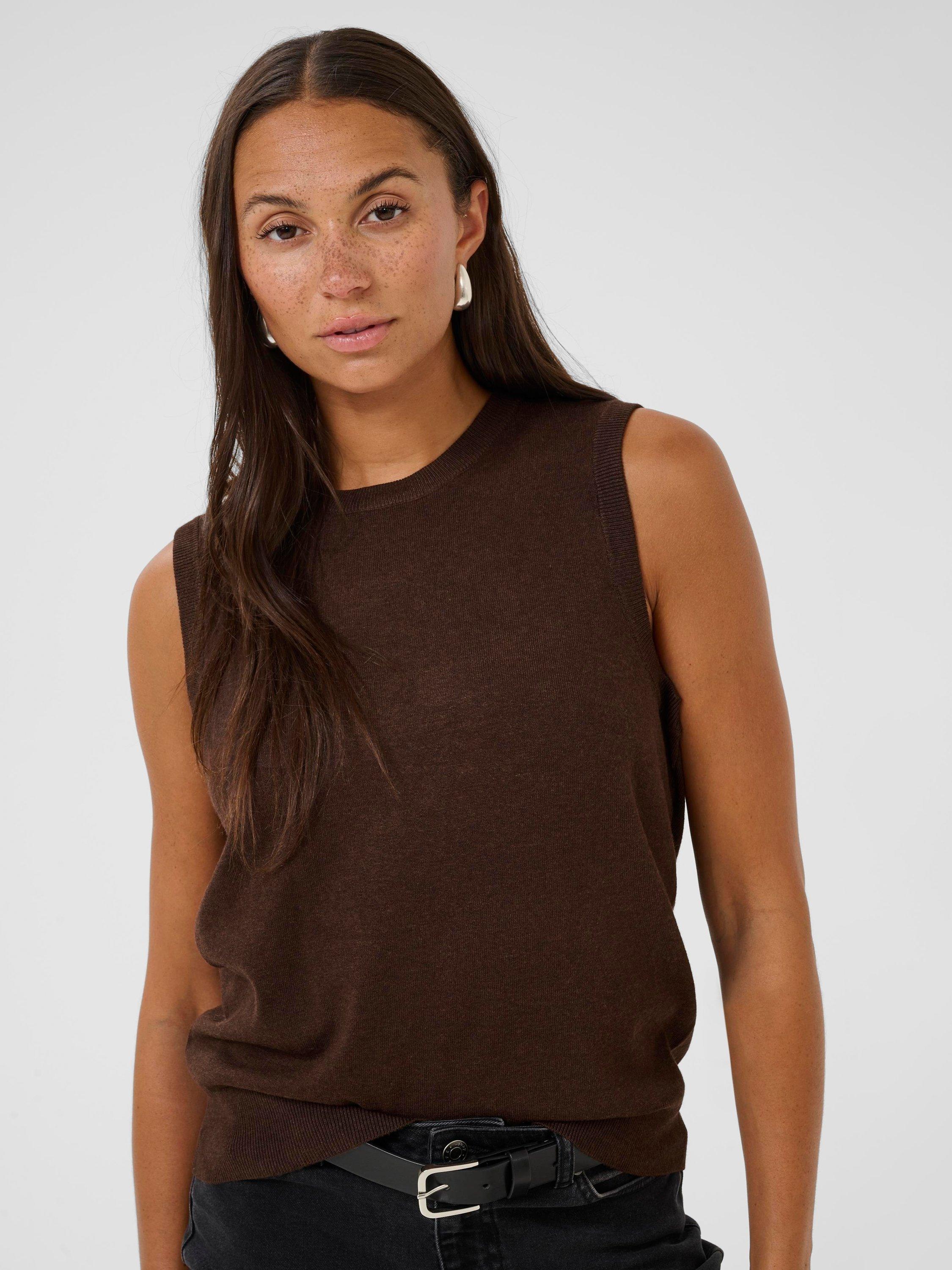 Product image 4 of 6, which shows KAFFE KAlizza Sleeveless Knit Jumper, Chocolate Brown, XS