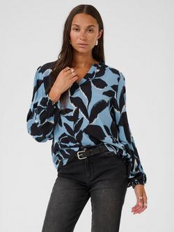 KAFFE Beate Amber Floral Collarless Blouse, Windward Blue/Black