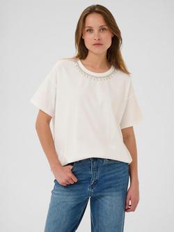 KAFFE KAhelen Cotton Short Sleeve Neck Embellihment T-Shirt, Chalk, Chalk
