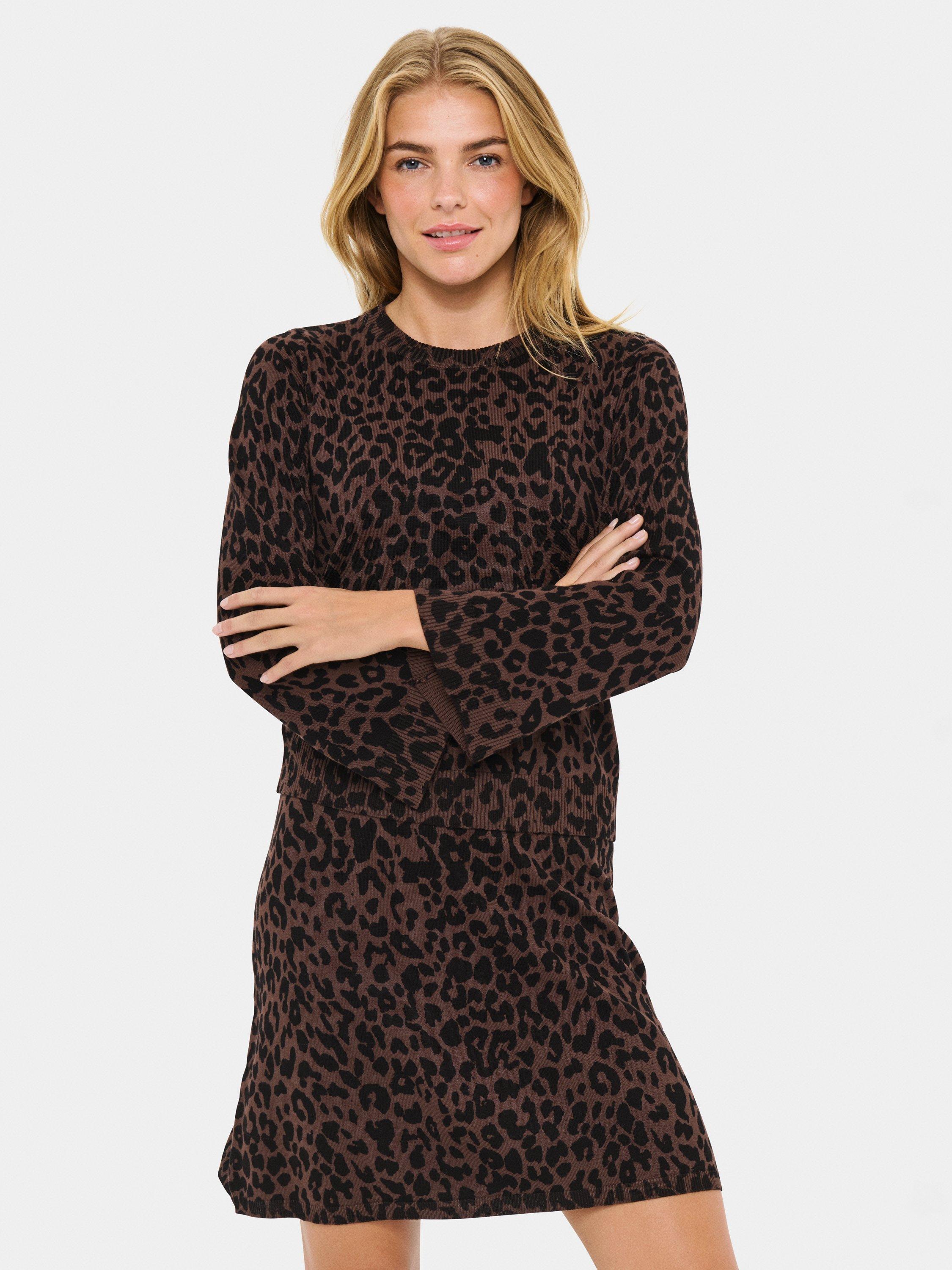 Product image 1 of 6, which shows Saint Tropez ZhilaSZ Leopard Flared Pullover, Chocolate Brown, XS