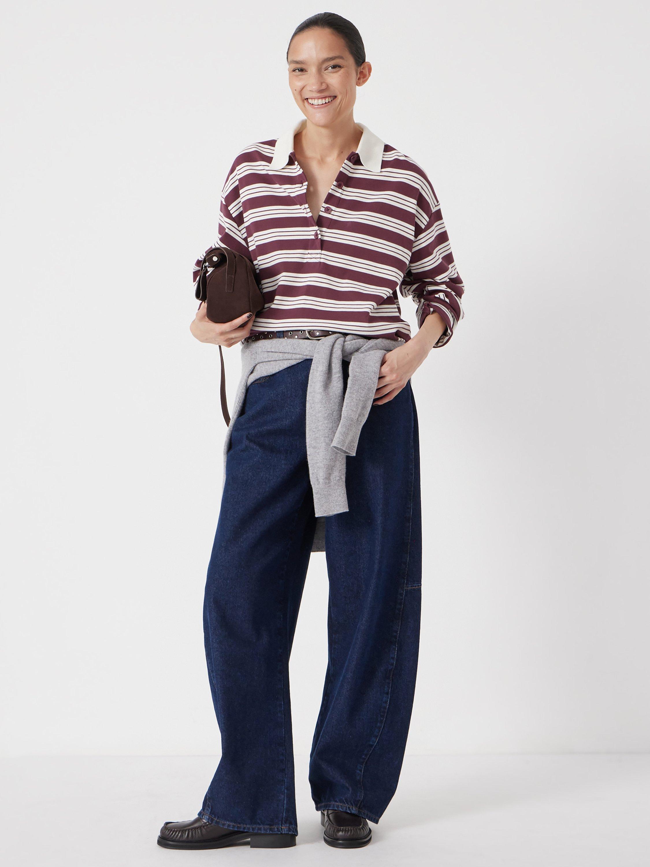 Product image 1 of 6, which shows HUSH Stripe Long Sleeve Polo Shirt, Brown/Multi, L-XL