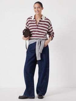 HUSH Stripe Long Sleeve Polo Shirt, Brown/Multi, Brown/Multi