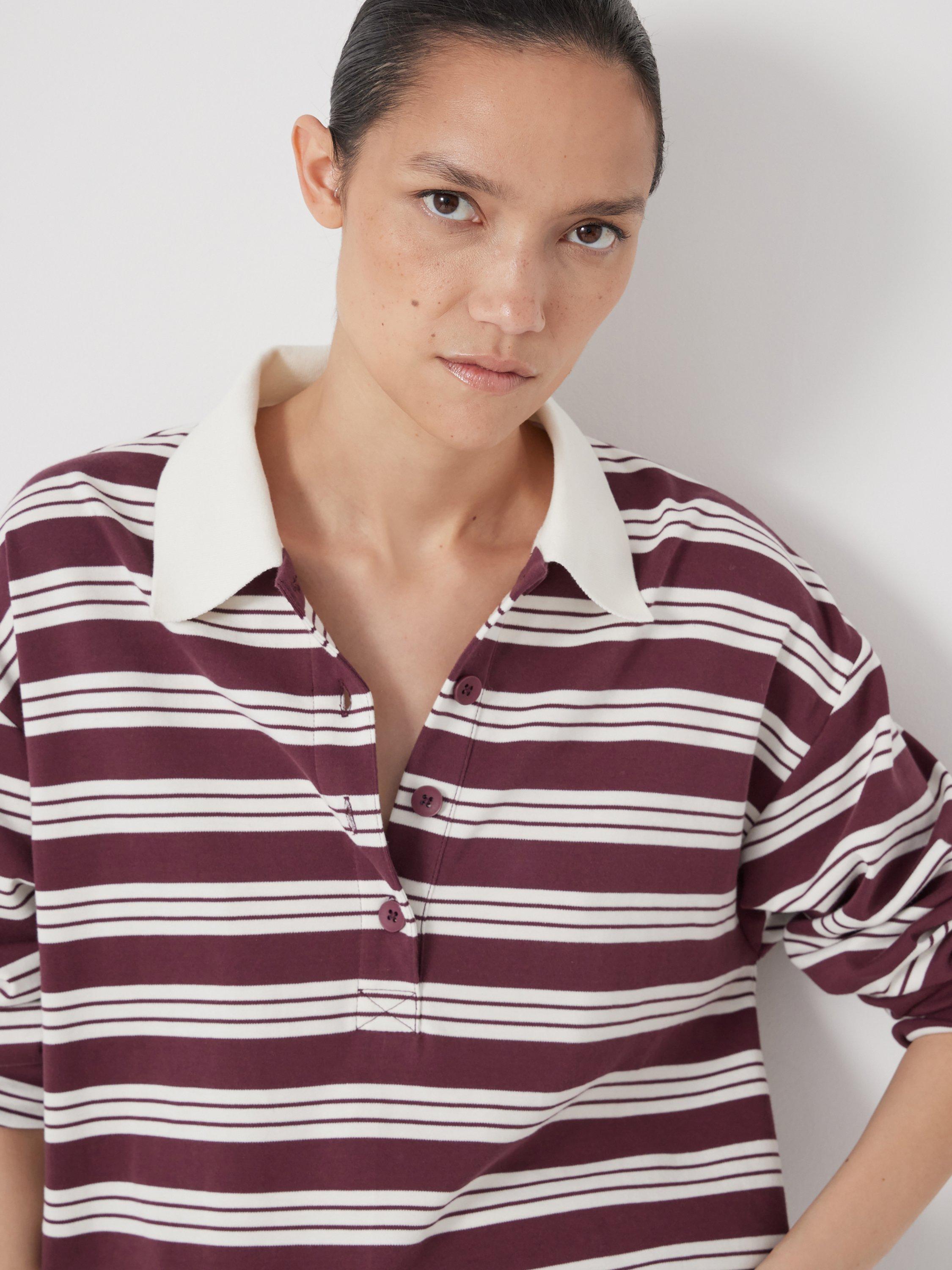 Product image 3 of 6, which shows HUSH Stripe Long Sleeve Polo Shirt, Brown/Multi, L-XL