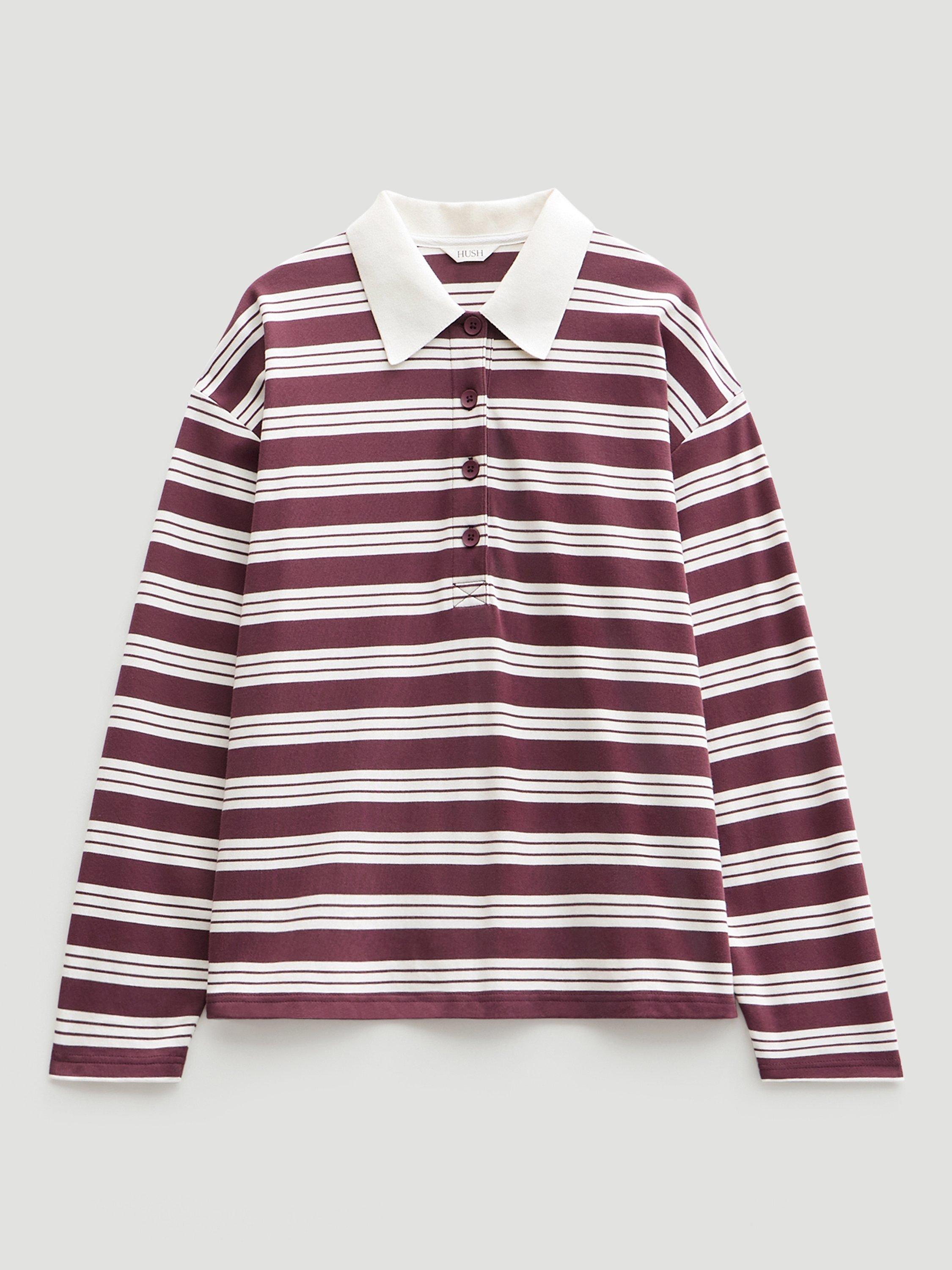 Product image 6 of 6, which shows HUSH Stripe Long Sleeve Polo Shirt, Brown/Multi, L-XL