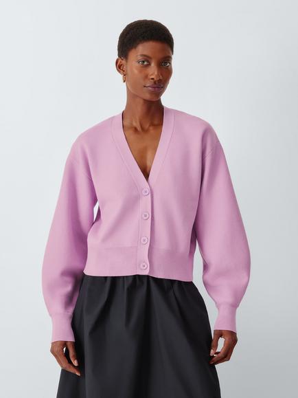 John Lewis V-Neck Cotton Blend Cardigan, Orchid Pink