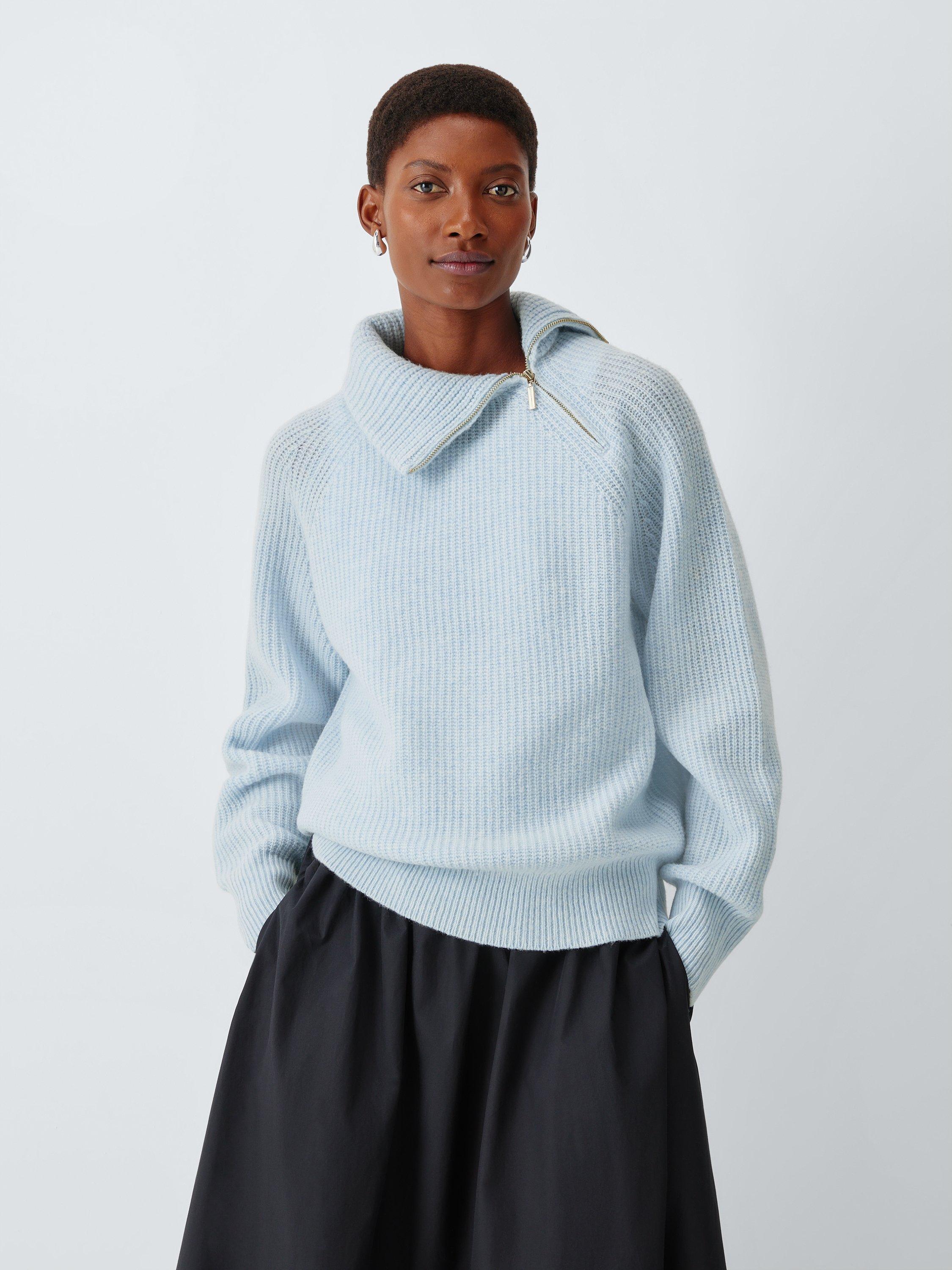 Product image 1 of 6, which shows John Lewis Wool Blend Asymmetrical Zip Neck Jumper, Pale Blue, 8