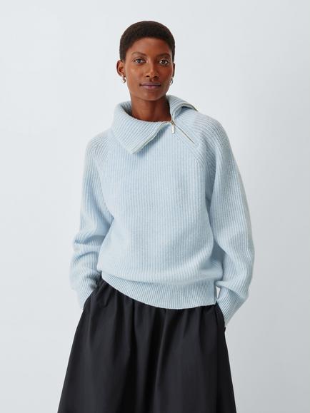 John Lewis Wool Blend Asymmetrical Zip Neck Jumper, Pale Blue, Pale Blue