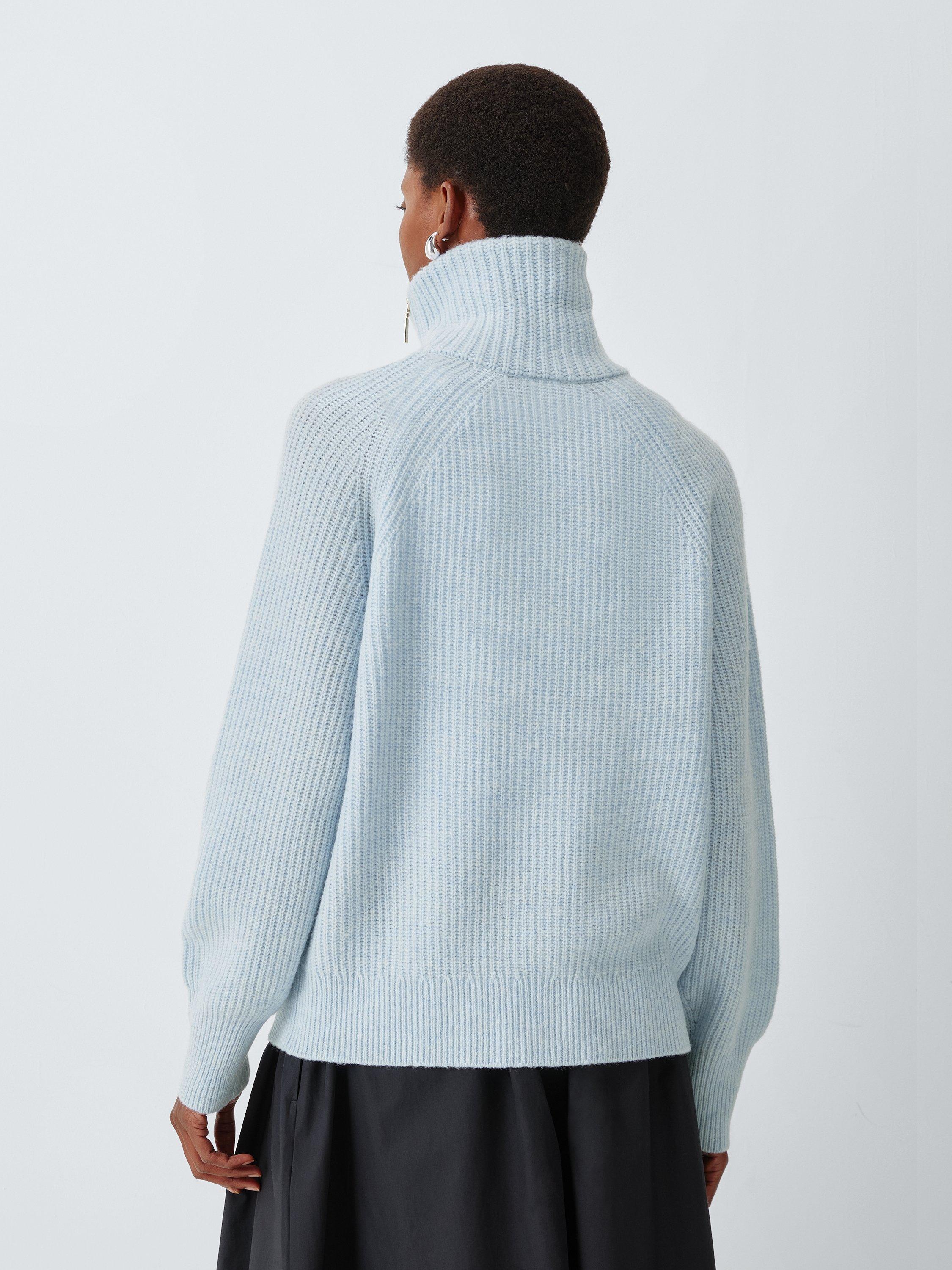 Product image 2 of 6, which shows John Lewis Wool Blend Asymmetrical Zip Neck Jumper, Pale Blue, 8
