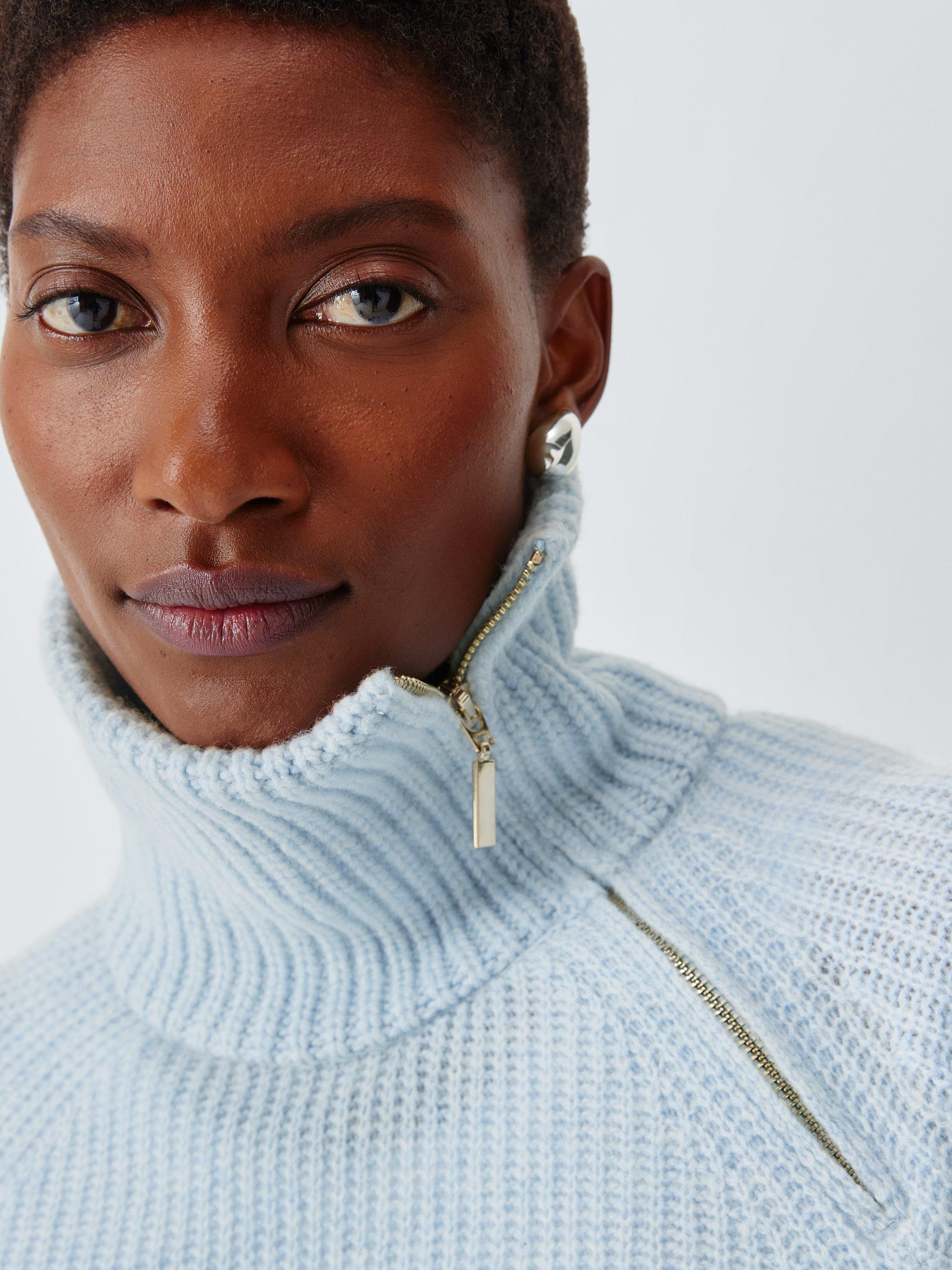 Product image 5 of 6, which shows John Lewis Wool Blend Asymmetrical Zip Neck Jumper, Pale Blue, 8
