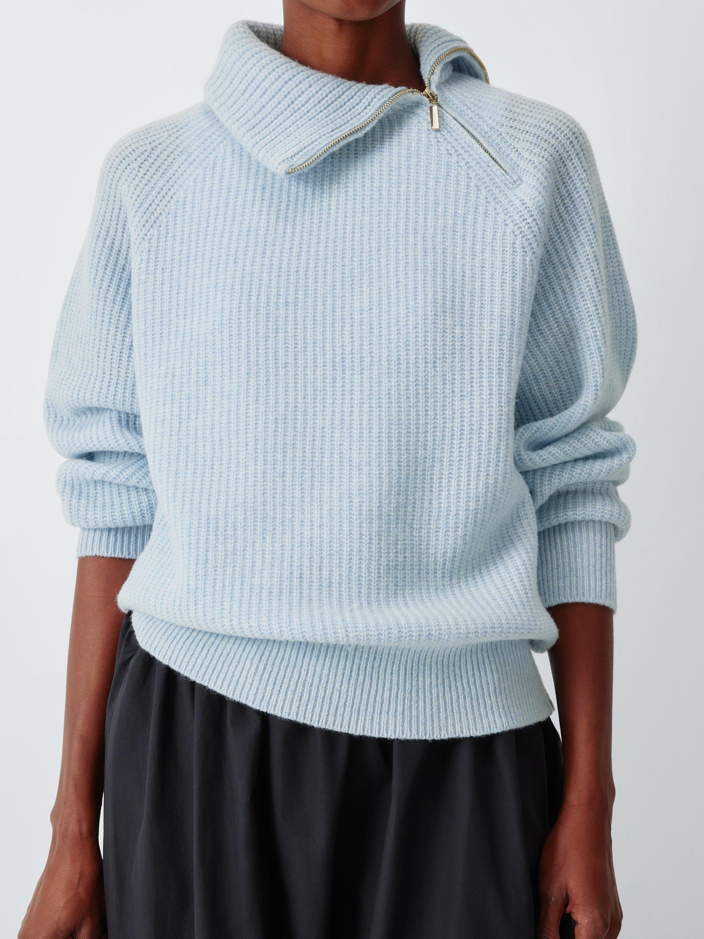 Product image 6 of 6, which shows John Lewis Wool Blend Asymmetrical Zip Neck Jumper, Pale Blue, 8