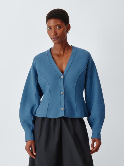 John Lewis V-Neck Seam Detail Cotton Blend Cardigan, Denim Blue, Denim Blue