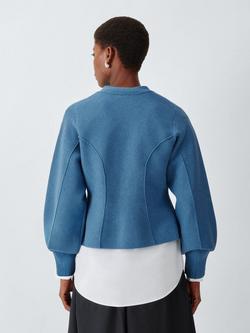 John Lewis V-Neck Seam Detail Cotton Blend Cardigan, Denim Blue - view 2, Denim Blue