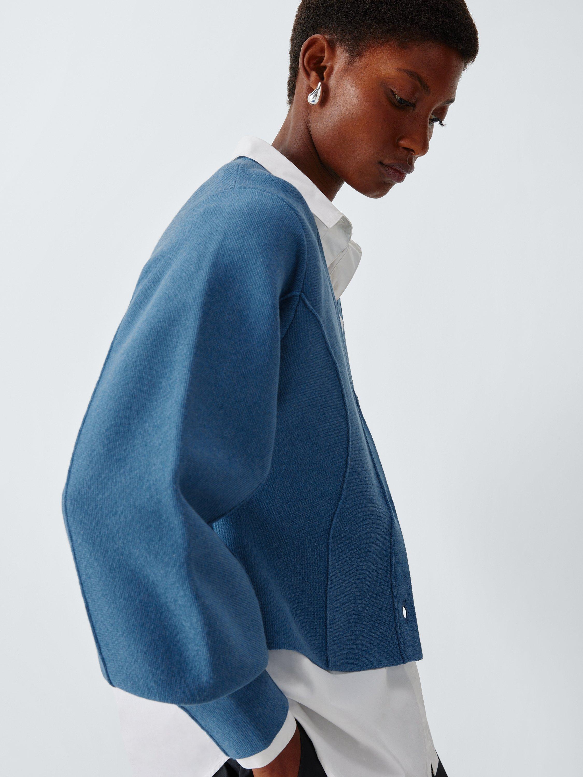 John Lewis V-Neck Seam Detail Cotton Blend Cardigan, Denim Blue