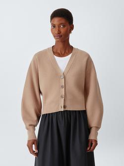 John Lewis V-Neck Cotton Blend Cardigan, Camel