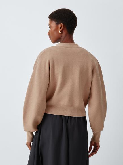 John Lewis V-Neck Cotton Blend Cardigan - view 2, Camel