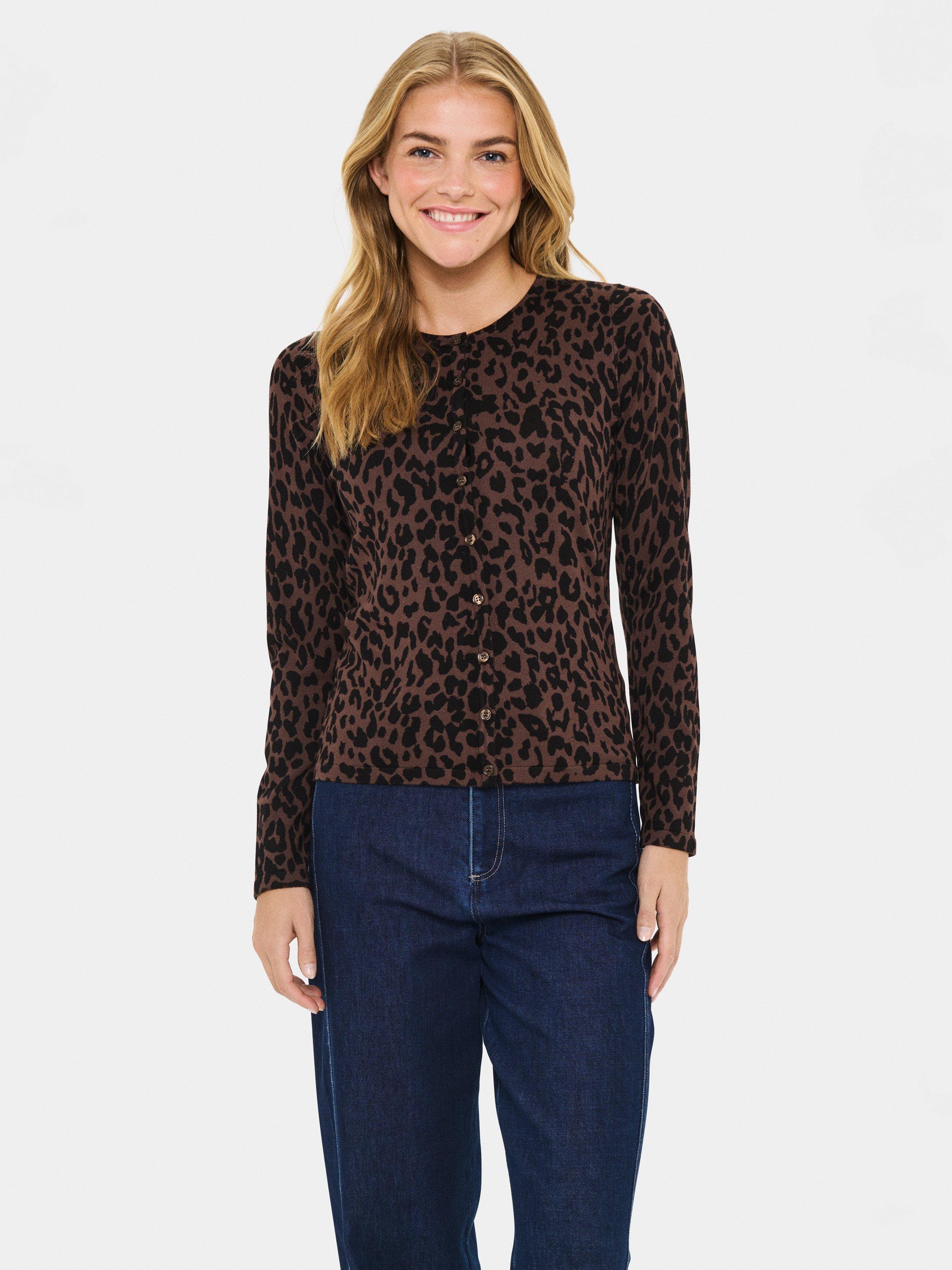 Product image 1 of 6, which shows Saint Tropez ZhilaSZ Leopard Cardigan, Chocolate Brown, XS
