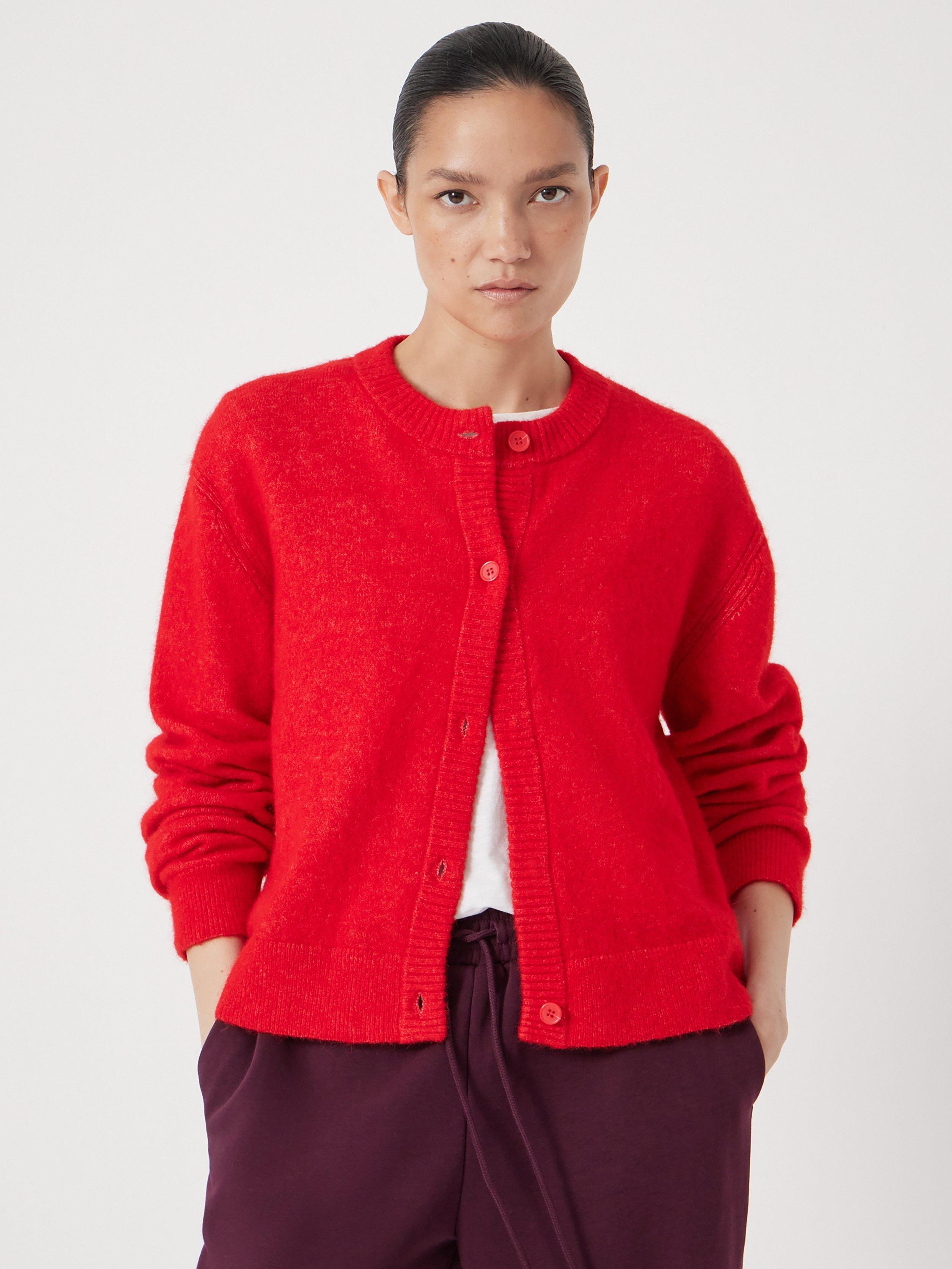 Product image 1 of 5, which shows HUSH Juni Crew Neck Wool Rich Cardigan, Fiery Red, M-L