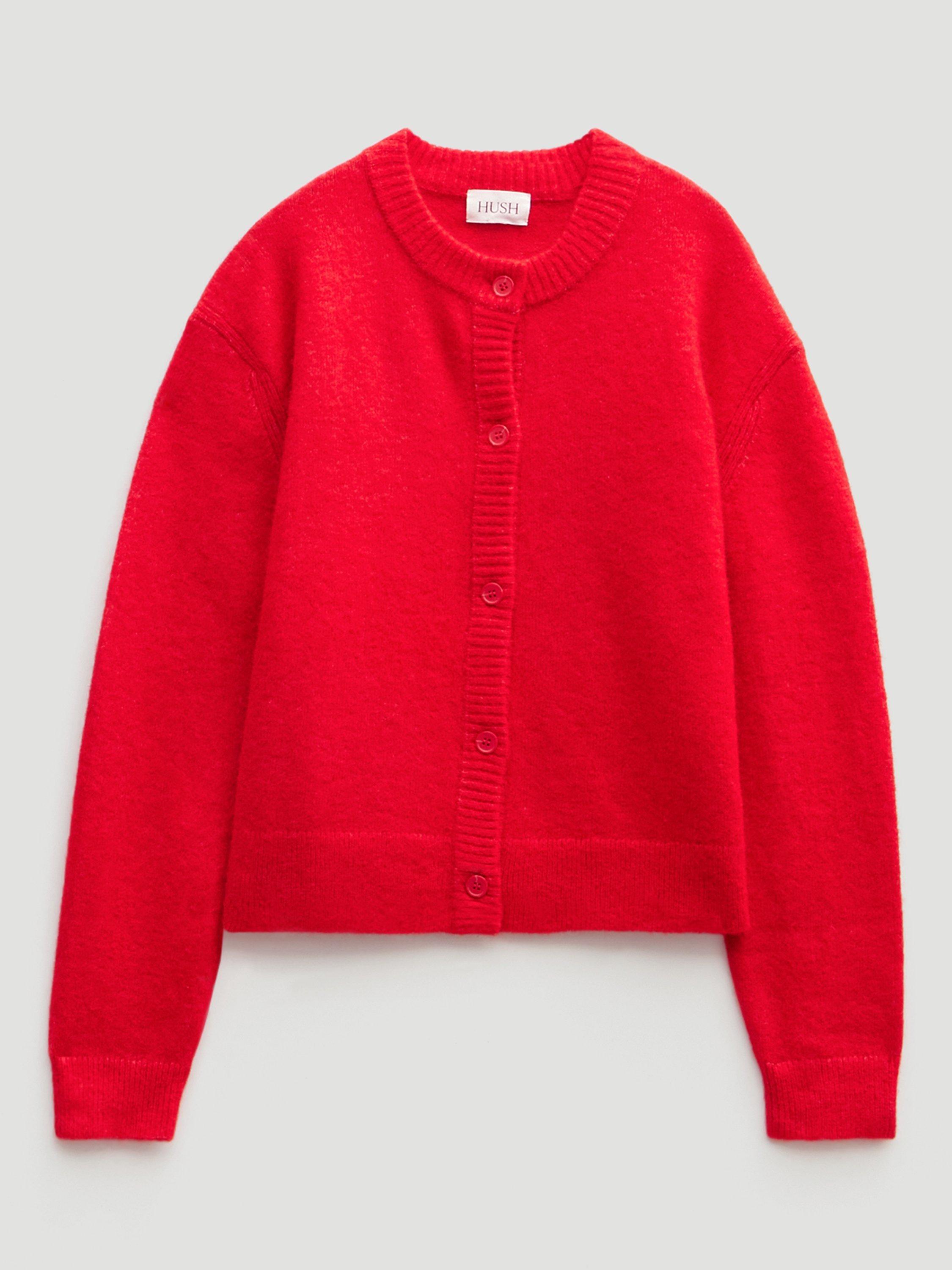 Product image 5 of 5, which shows HUSH Juni Crew Neck Wool Rich Cardigan, Fiery Red, M-L