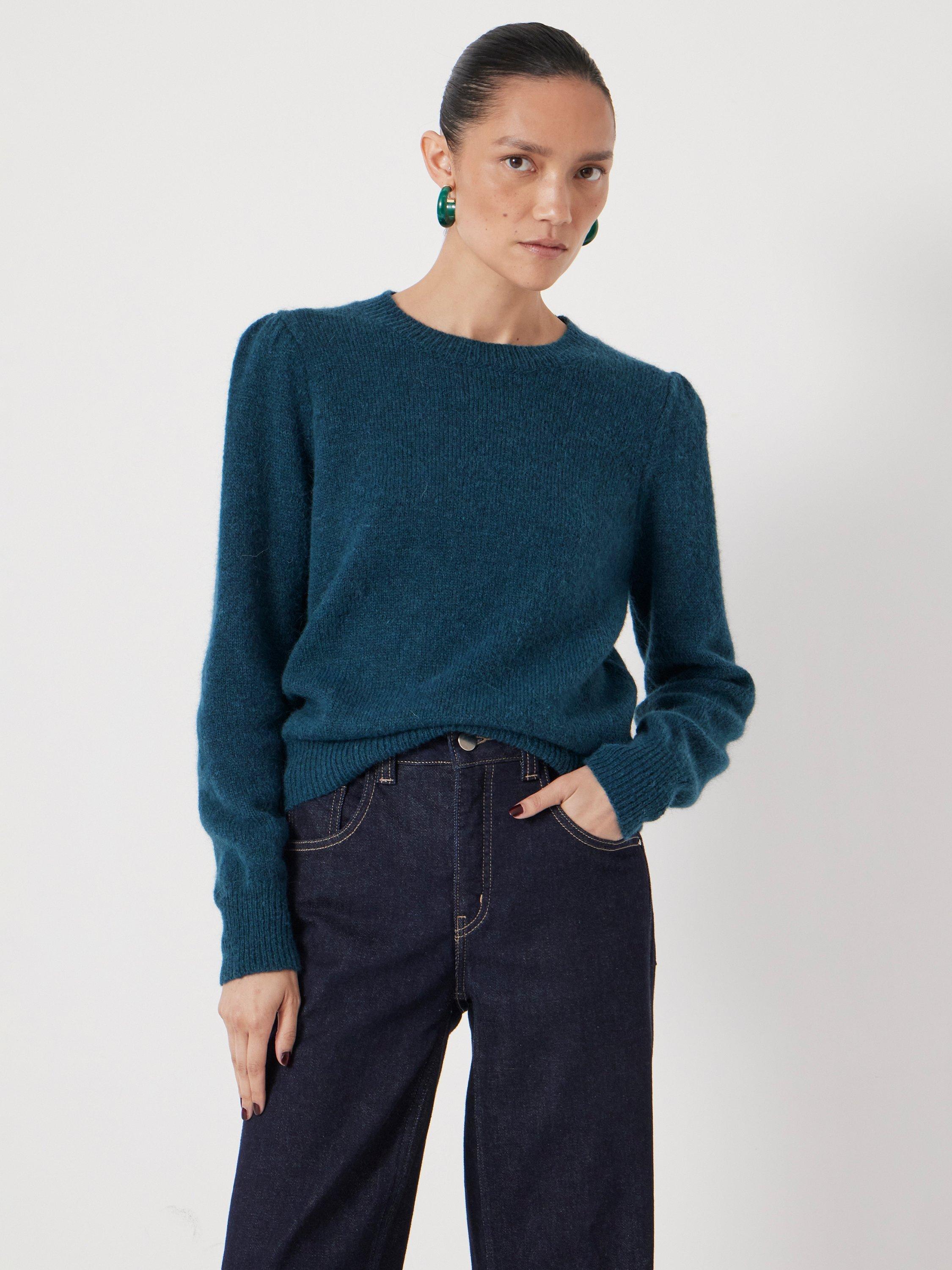 Product image 1 of 4, which shows HUSH Gathered Shoulder Wool Blend Jumper, Teal Blue, XS-S