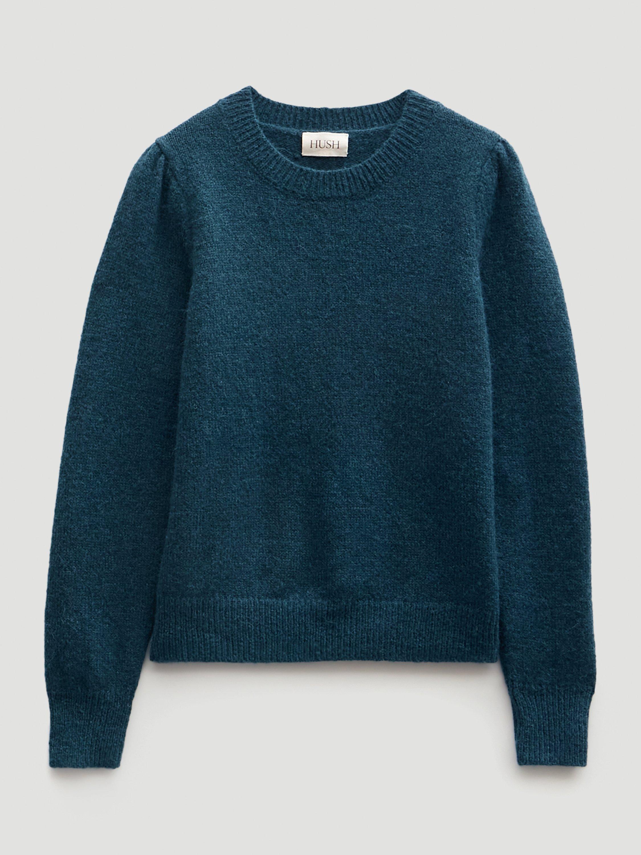 Product image 4 of 4, which shows HUSH Gathered Shoulder Wool Blend Jumper, Teal Blue, XS-S