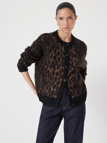 HUSH Crew Neck Animal Jacquard Cardigan with Mohair, Black/Brown, Black/Brown
